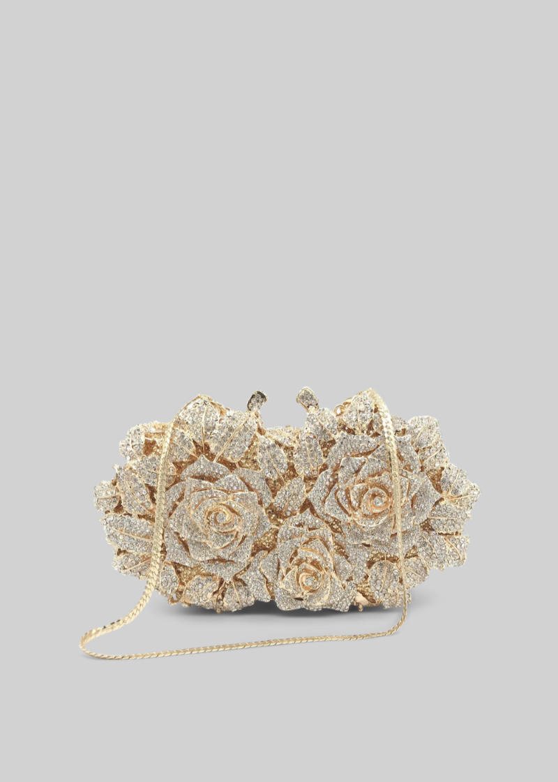 Crystal Adorned Clutch Bag With Floral Detailing - Gold
