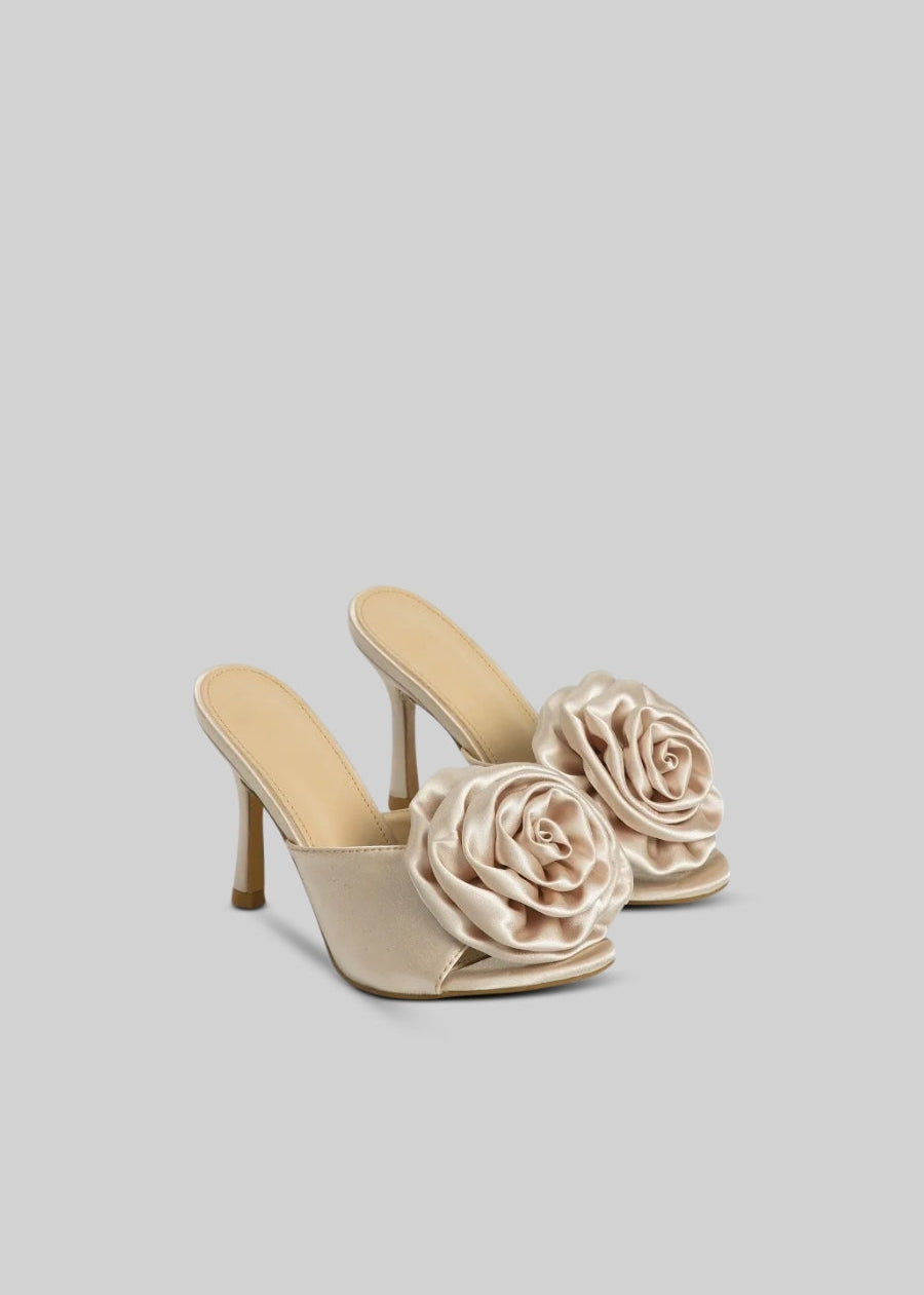 Satin Sandals with 3D Flower Aplique - Beige