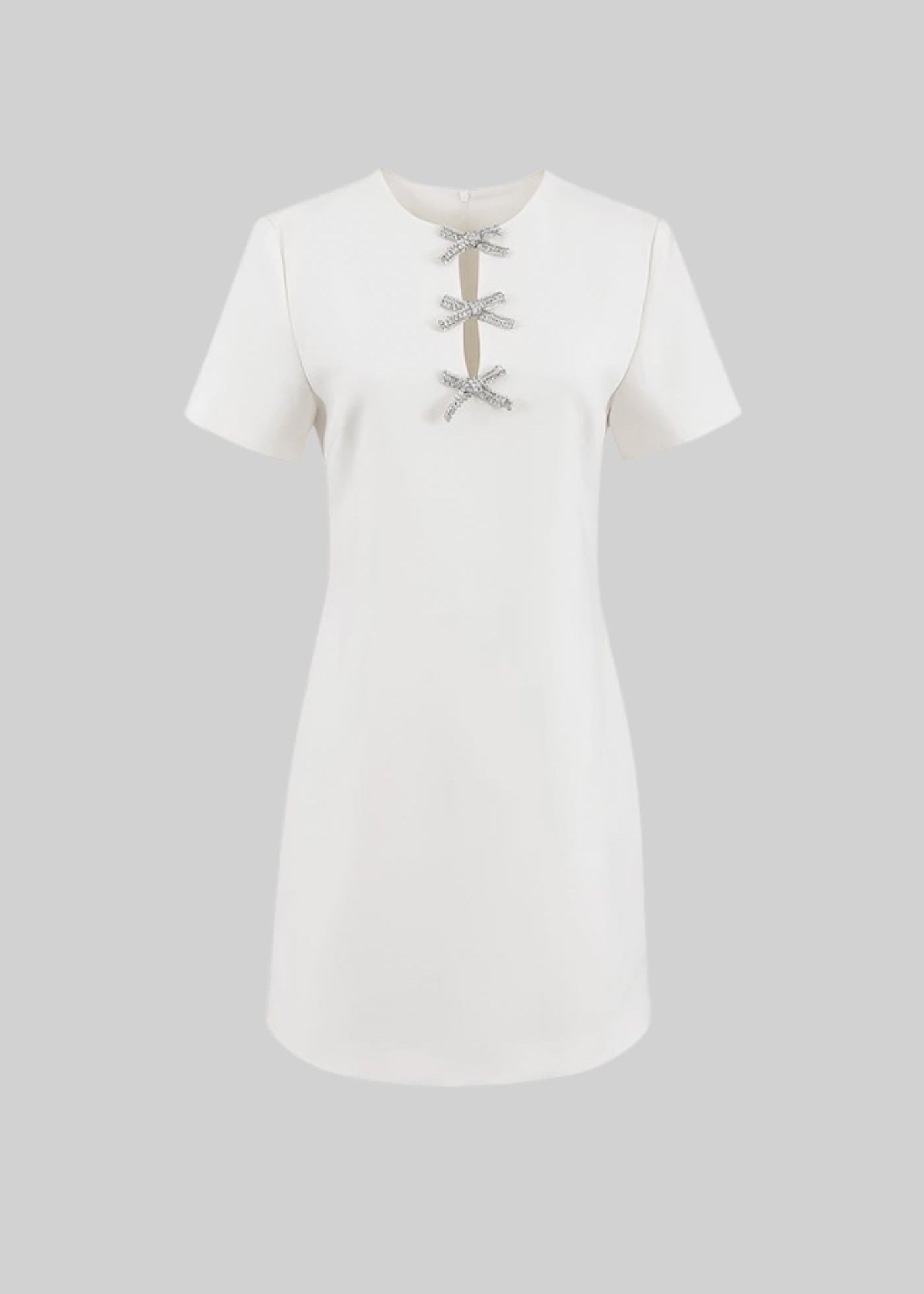 Short Sleeve Dress With Sparkling Silver Bow Embellishments - White