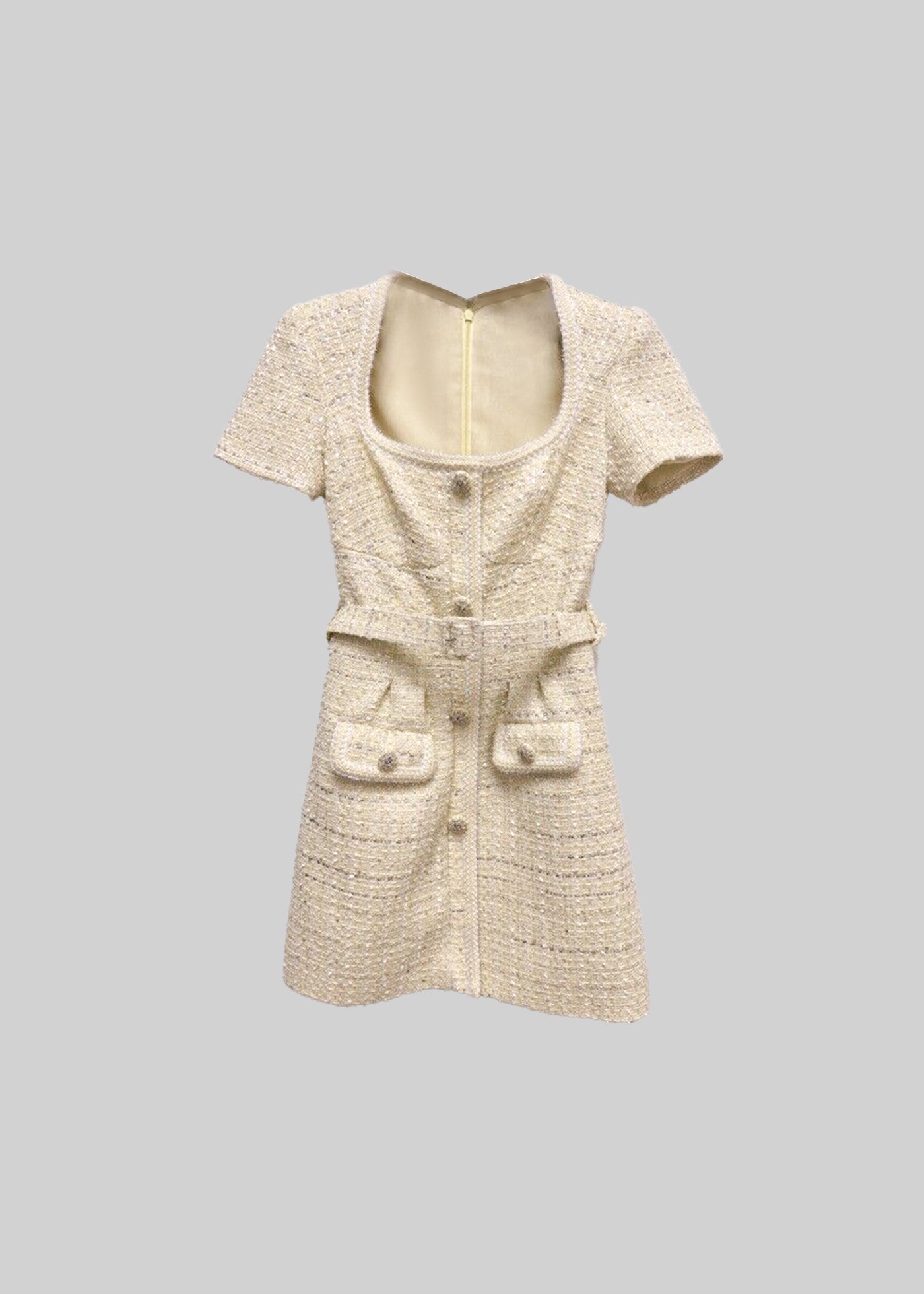 Textured Mini Dress With Floral Element And Matching Belt  - Ivoire