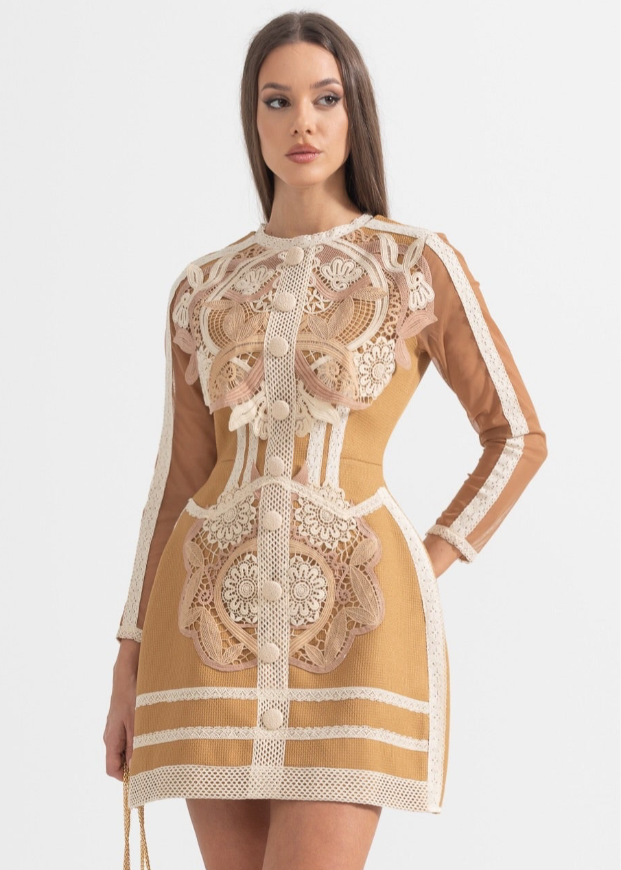 Layered Lace Mini Dress With Fitted Silhouette - Brown/Beige