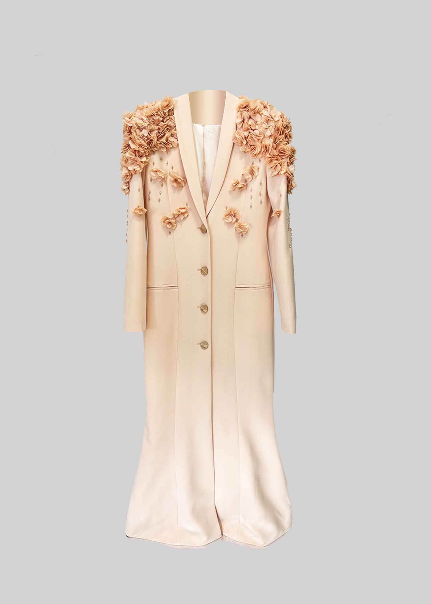 Elegant Overcoat With Textured Floral Shoulder Design - Beige