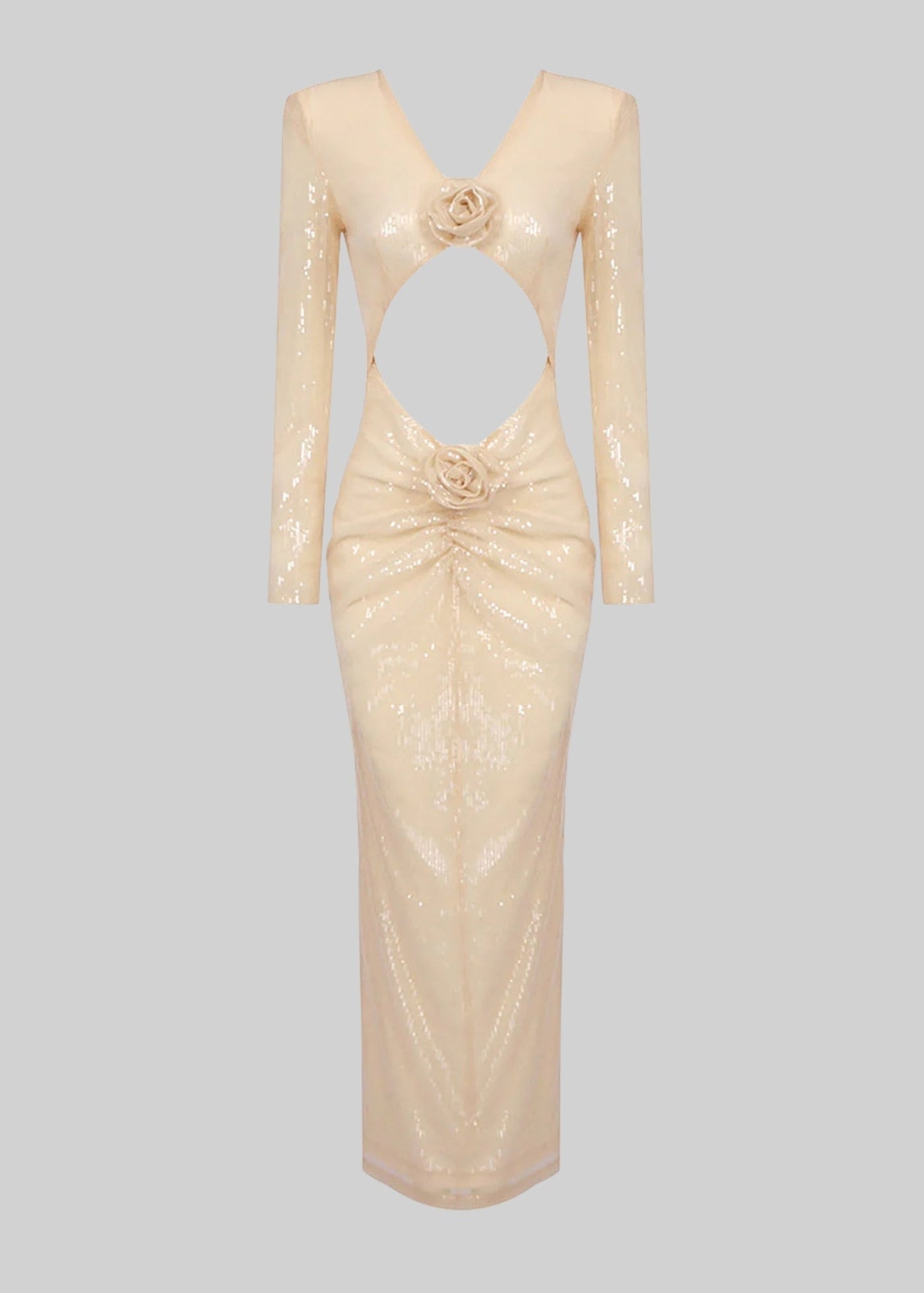 Sequin Midi Dress With Front Cutouts And 3D Roses - Beige