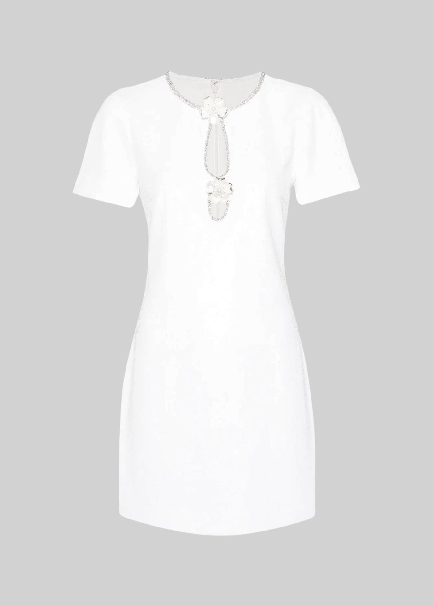 Short Sleeves Sequin Textured Mini Dress With Sparkling Neckline  - White