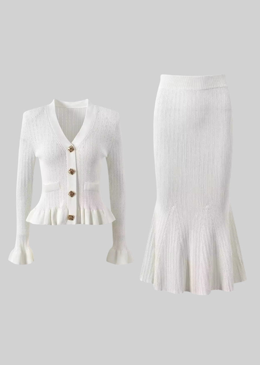 Knit Jacket With Ruffled Hemline & Matching Flared Skirt Set - White