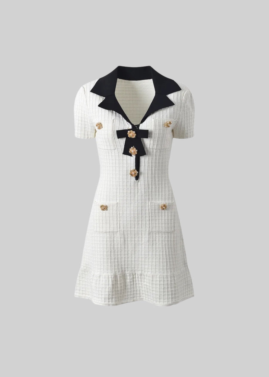 Short Sleeve Mini Dress With Contrasting Collar And Bow - White