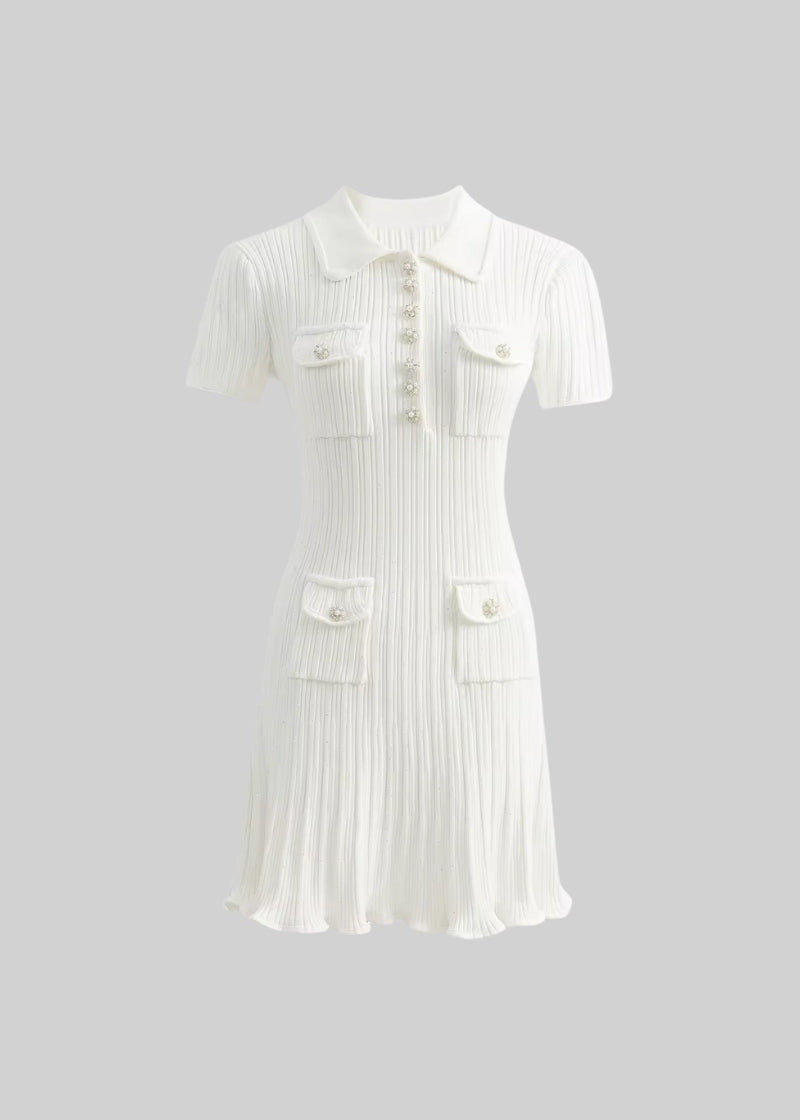 Short Sleeve Ribbed Mini Dress - White