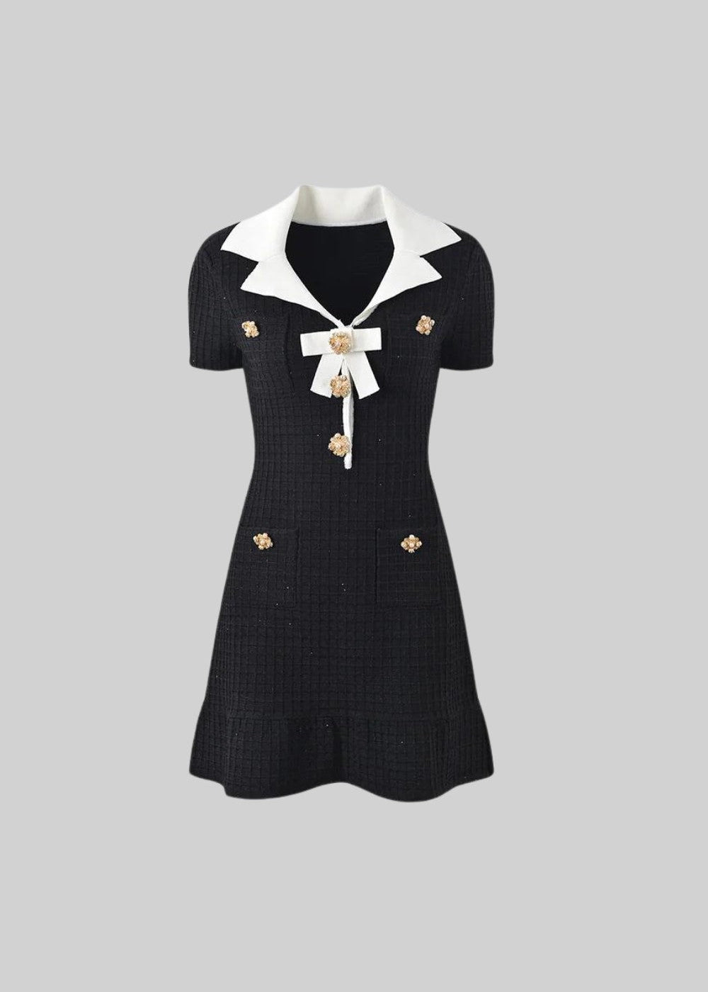 Short Sleeve Mini Dress With Contrasting Collar And Bow - Black