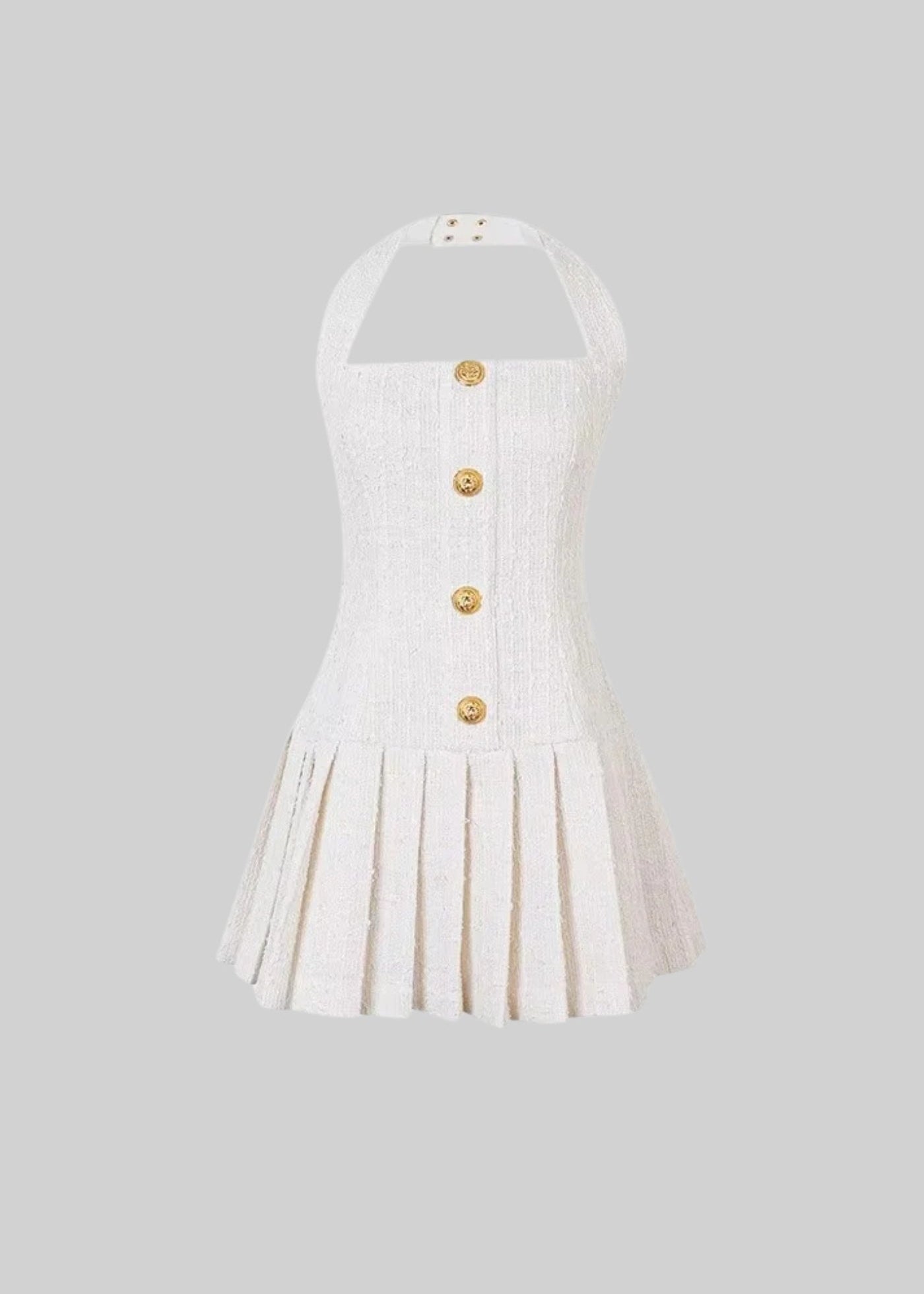 Textured Mini Dress With Decorative Golden Buttons And Pleated Skirt - Ivoire