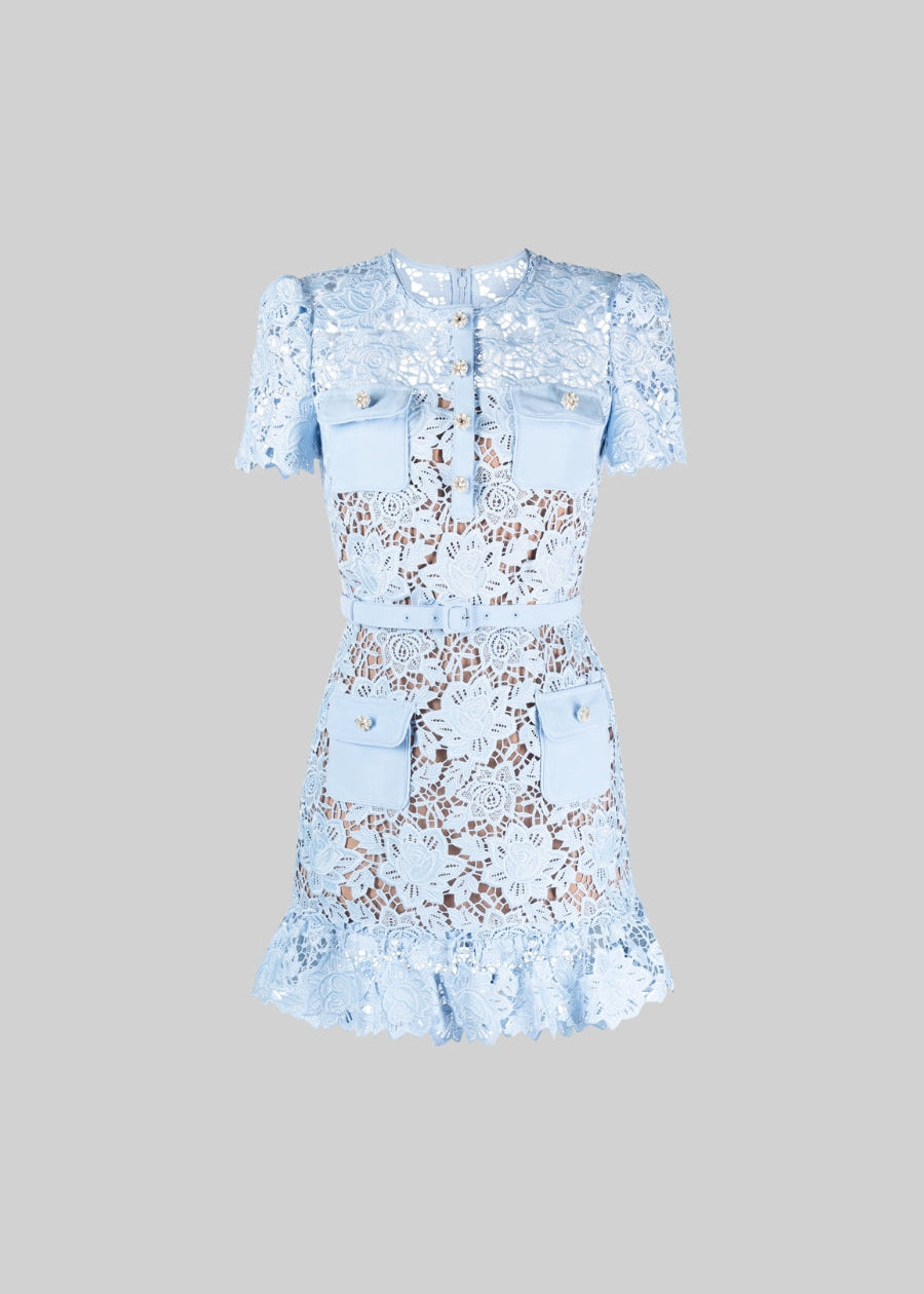Short Sleeve Lace Floral Dress With Belt - Blue