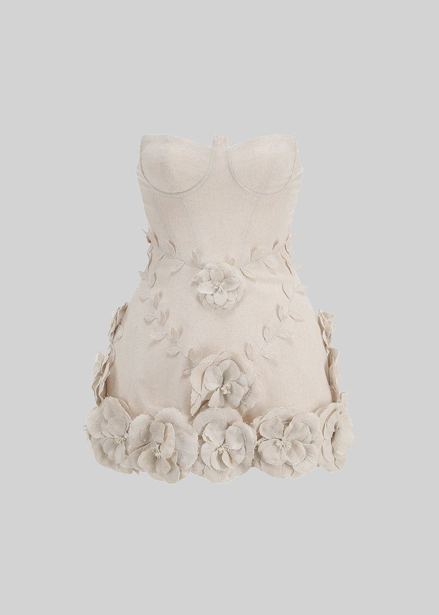Mini Bustier Dress With 3D Floral Details - Ivoire