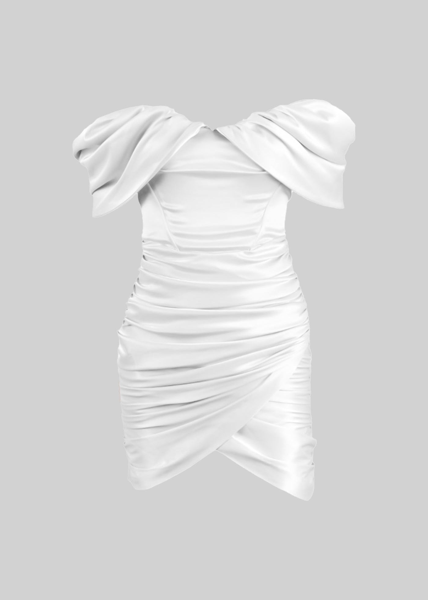 Off-Shoulder Satin Mini Dress With Ruched Detailing - White