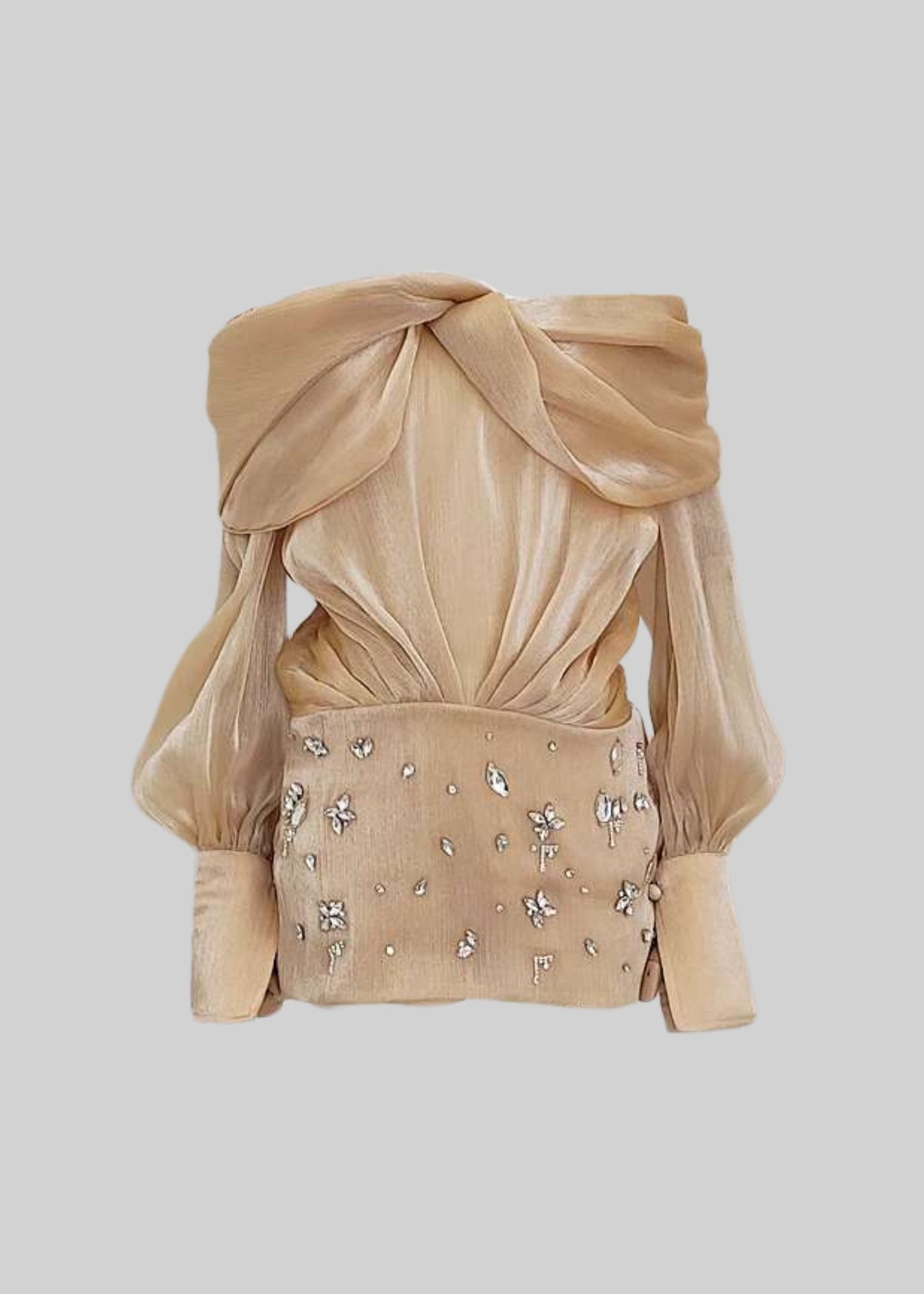 Off-Shoulder Mini Dress With Sparkling Skirt Embellishments - Beige