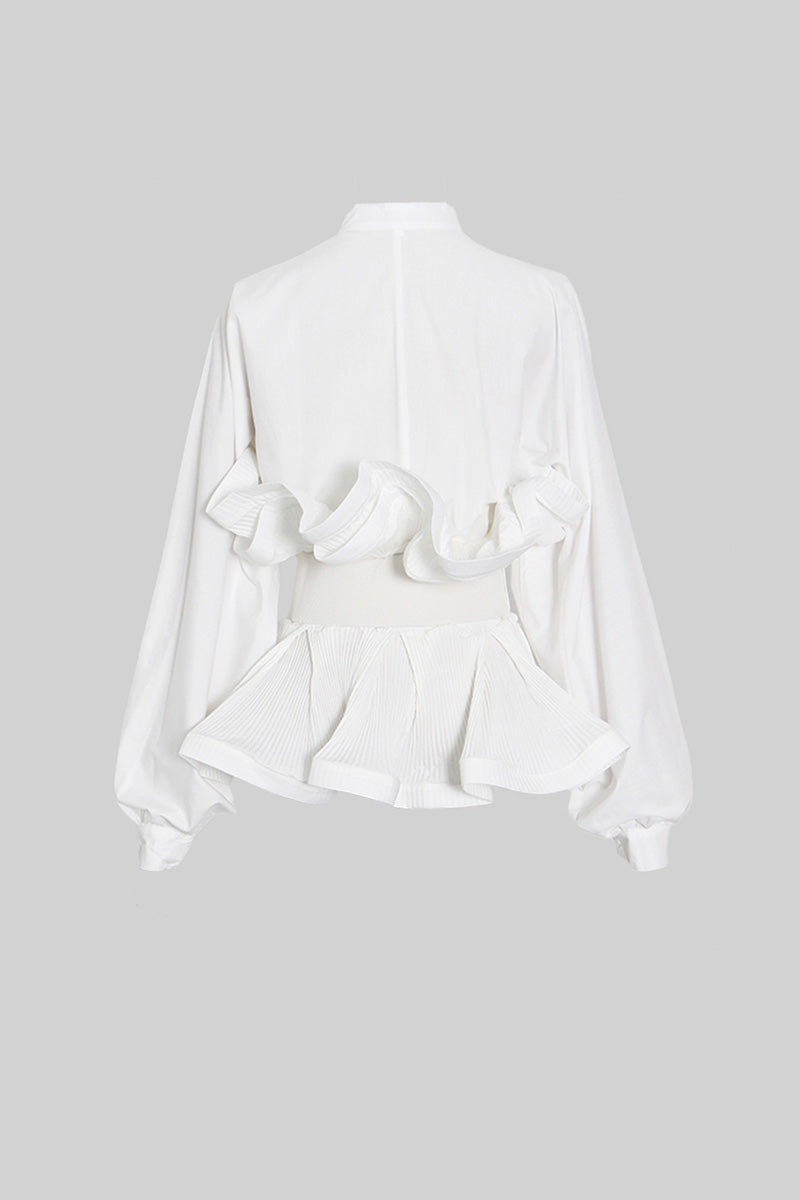 Ruffle Shirt with Oversized Belt And Flowing Sleeves - White