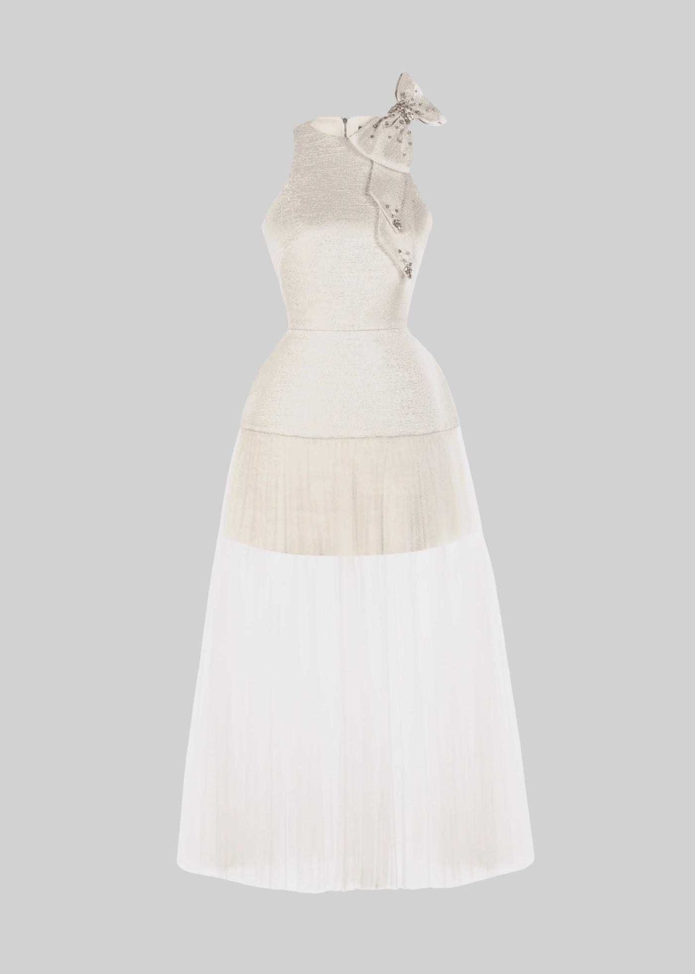 Fitted Dress With Tulle Skirt And Decorative Shoulder Bow- Ivoire