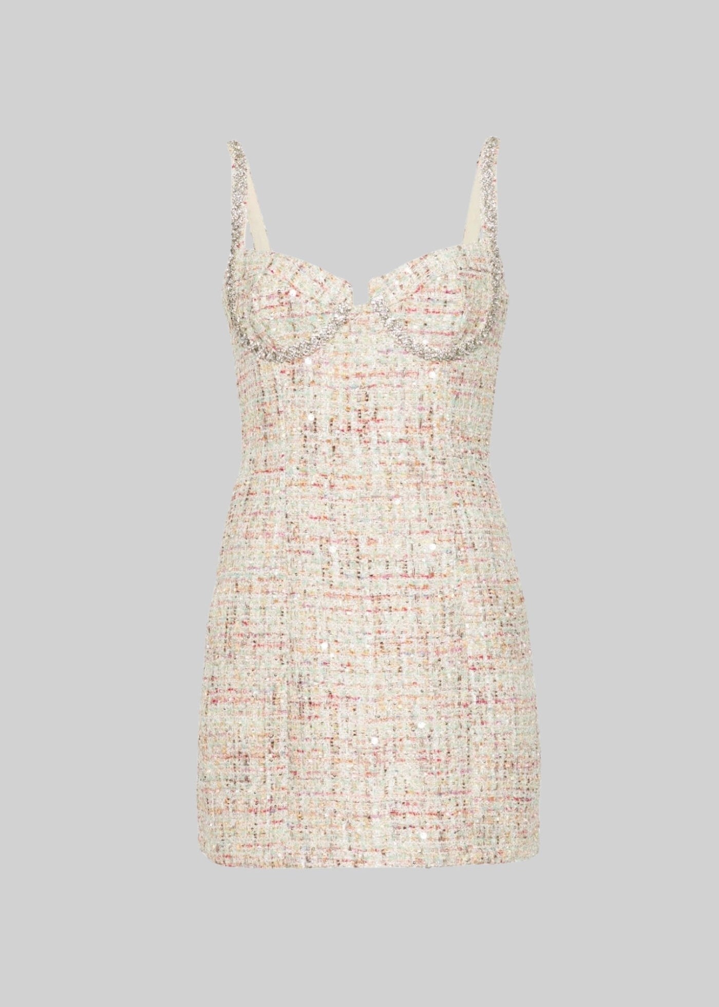 Mini Dress With Multicolor Stitching Pattern And Sparkling Shoulder Straps - Ivoire