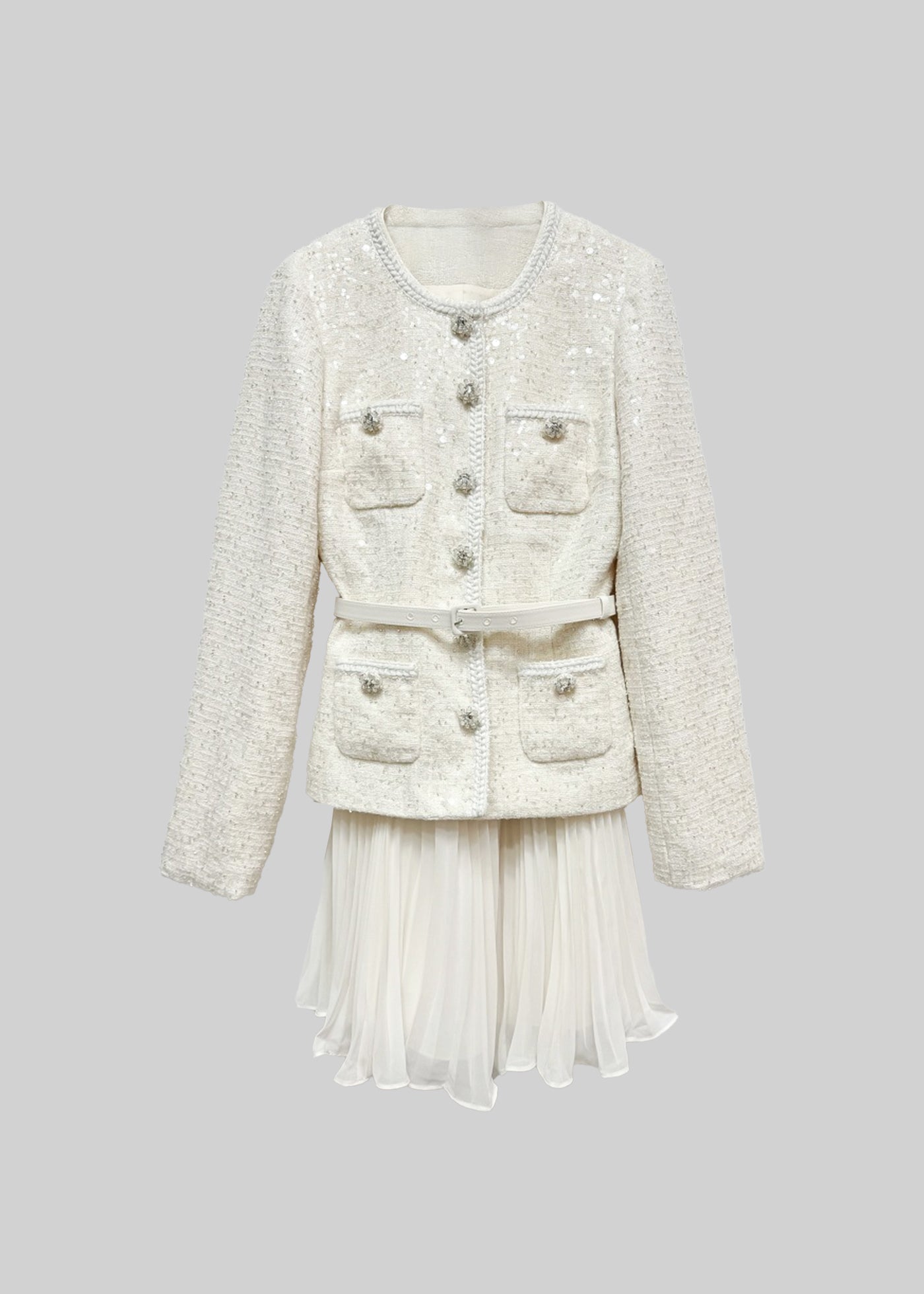 Textured Sequin Knitted Dress With Pleated Mini Skirt - Ivoire