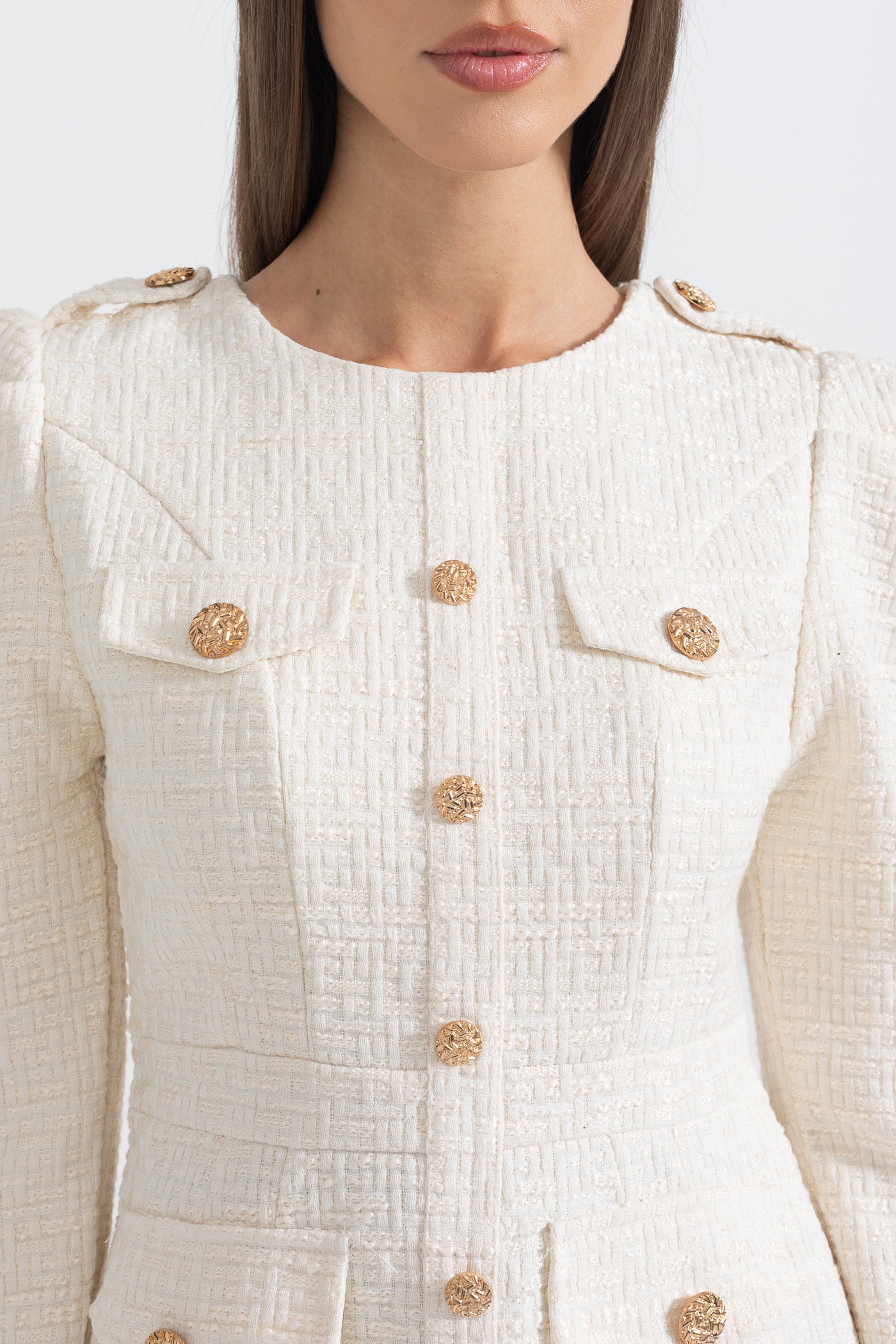 Mini Dress With Front Pockets And Gold Buttons  - Ivoire