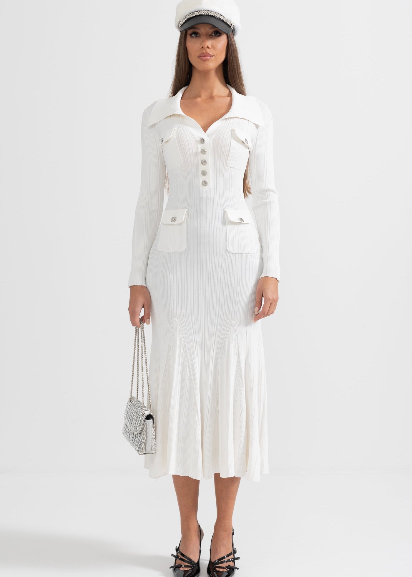 Sophisticated Long Sleeved Ribbed Dress - White