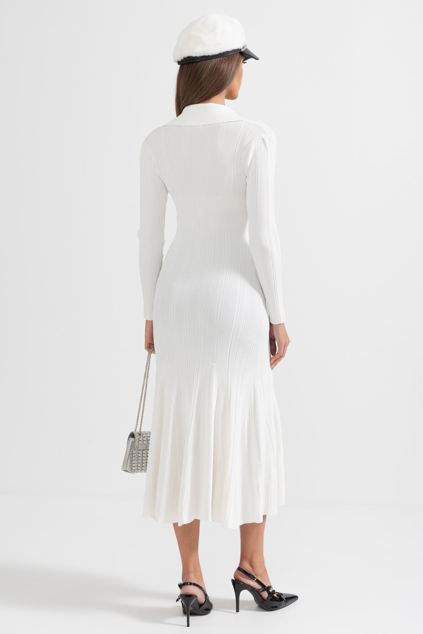 Sophisticated Long Sleeved Ribbed Dress - White