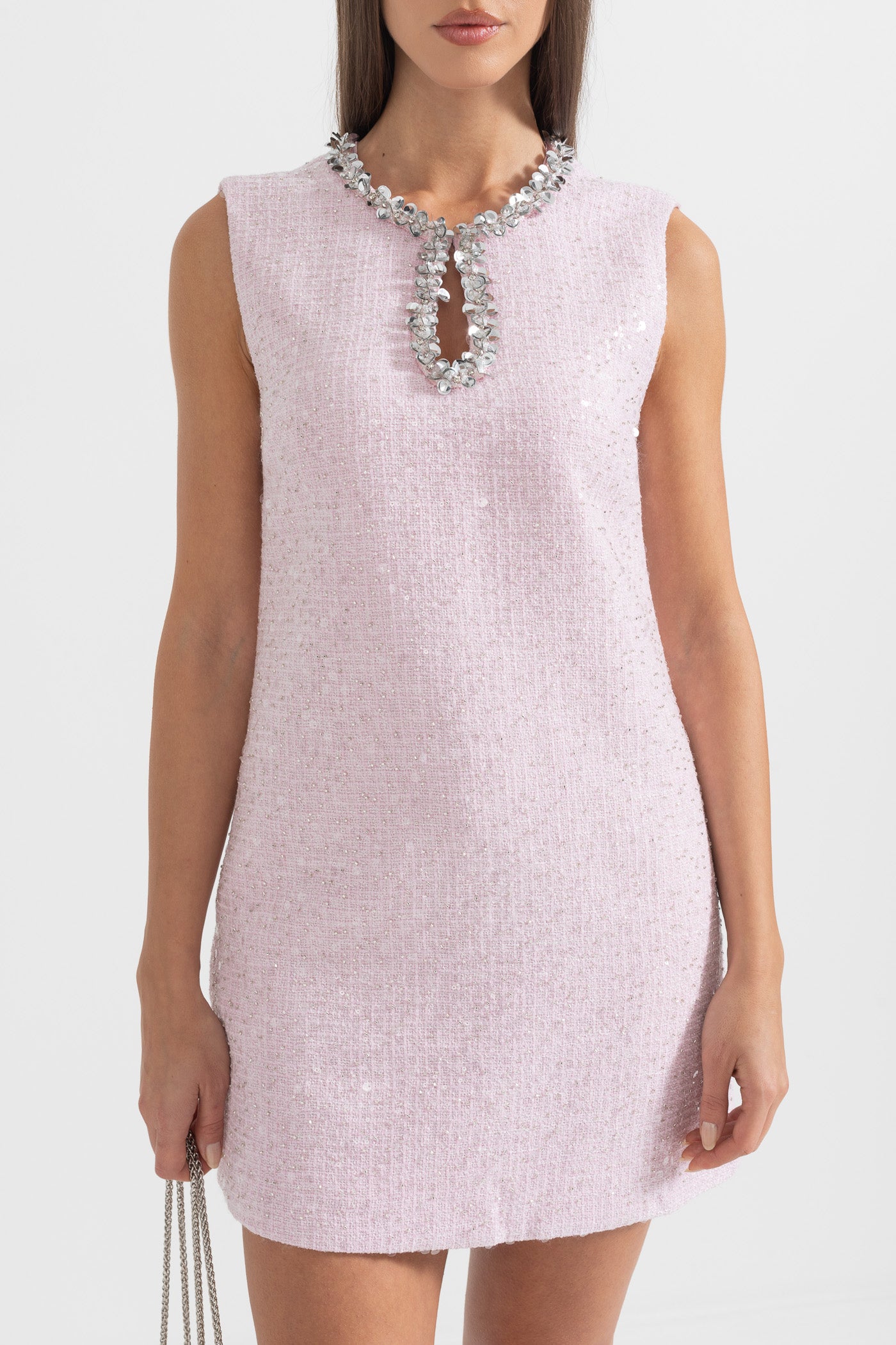 Textured Mini Dress With Silver Sequin Collar Detailing  - Pink