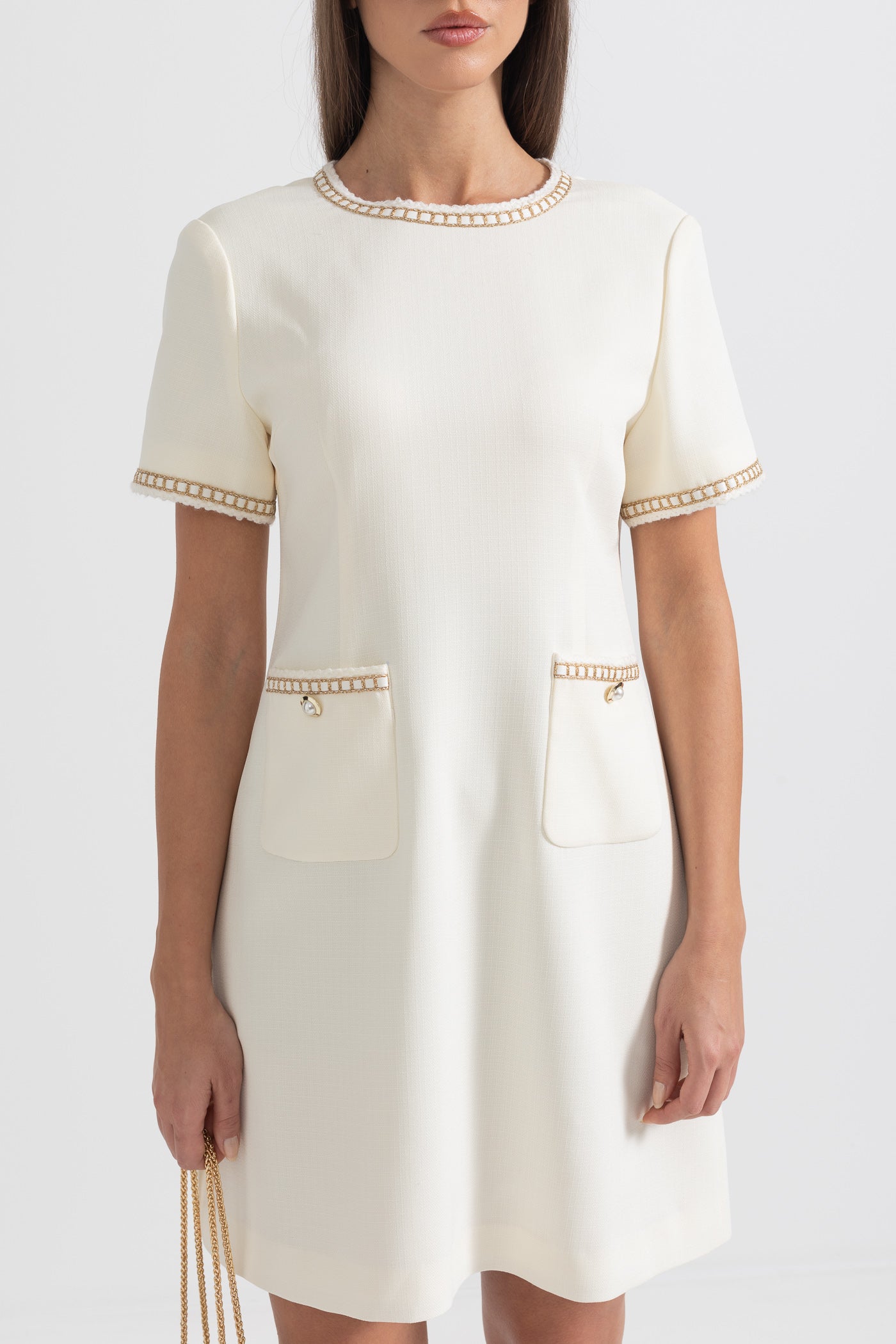 Short Sleeve Mini Dress With Golden Details - Ivoire