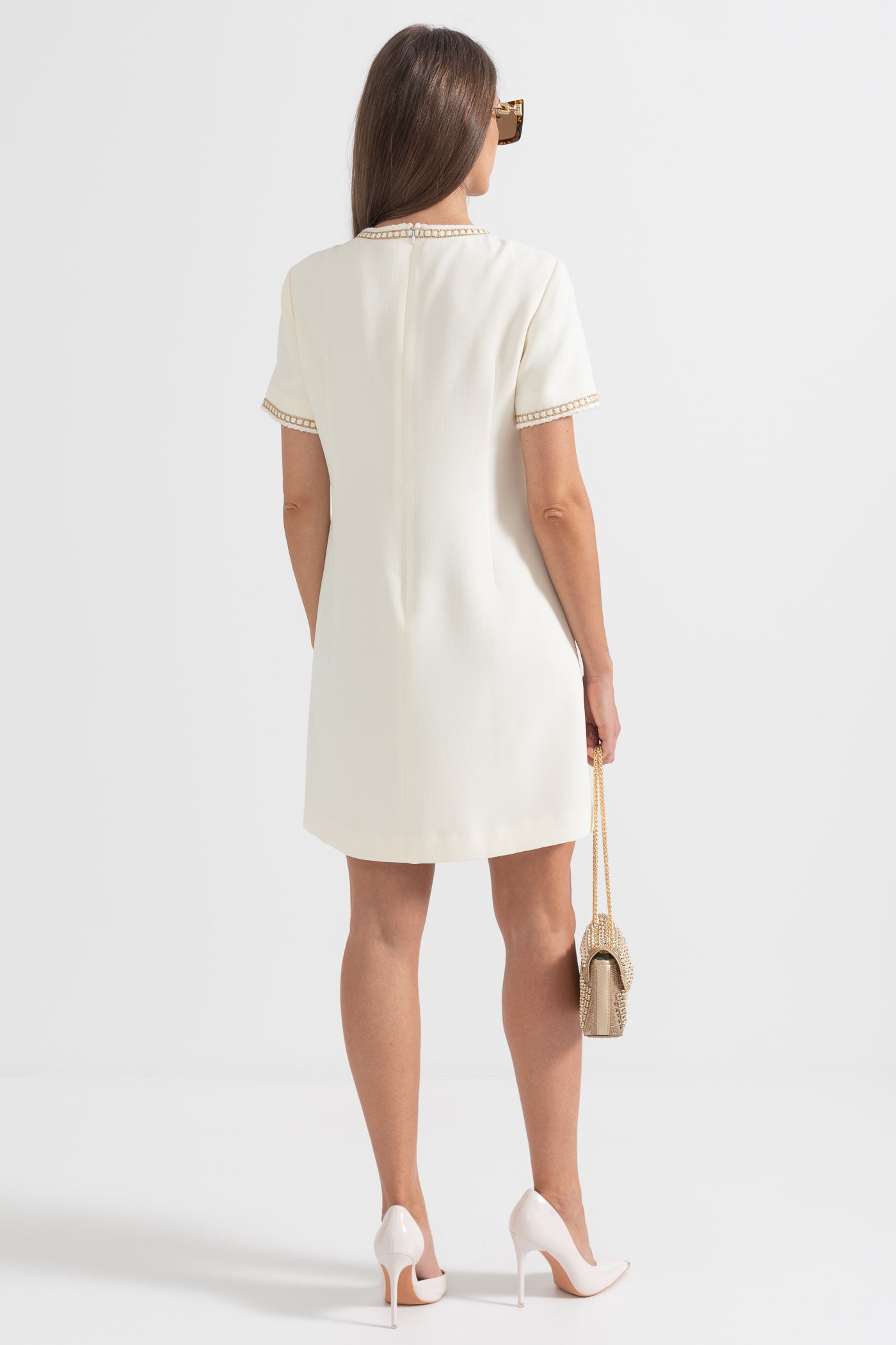 Short Sleeve Mini Dress With Golden Details - Ivoire