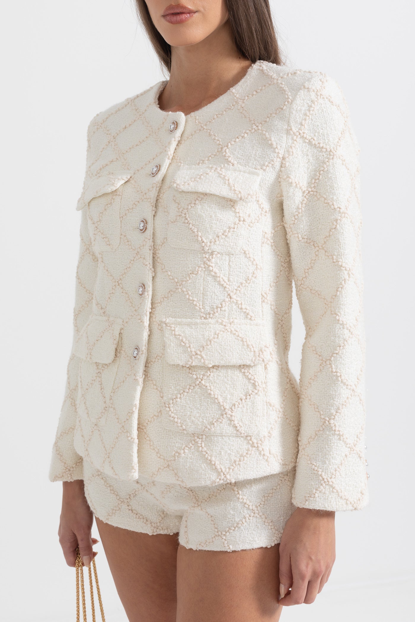 Diamond Patterned Jacket With Matching Shorts - Ivoire