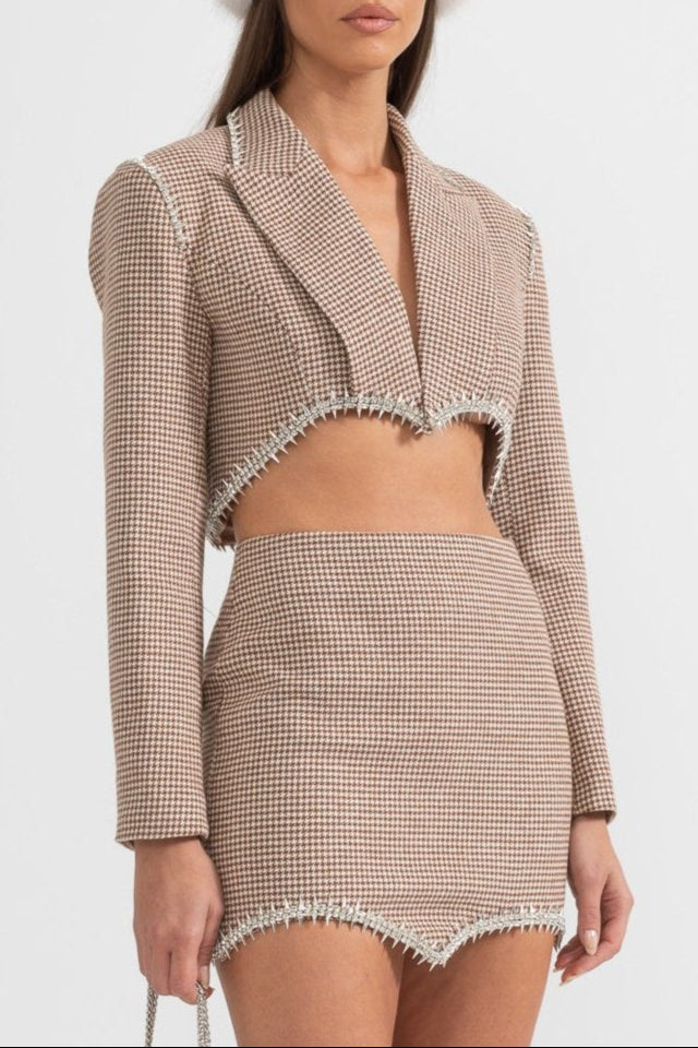 Elegant Houndstooth 2 Piece Set With Metal Spikes Detailing - Brown And Beige