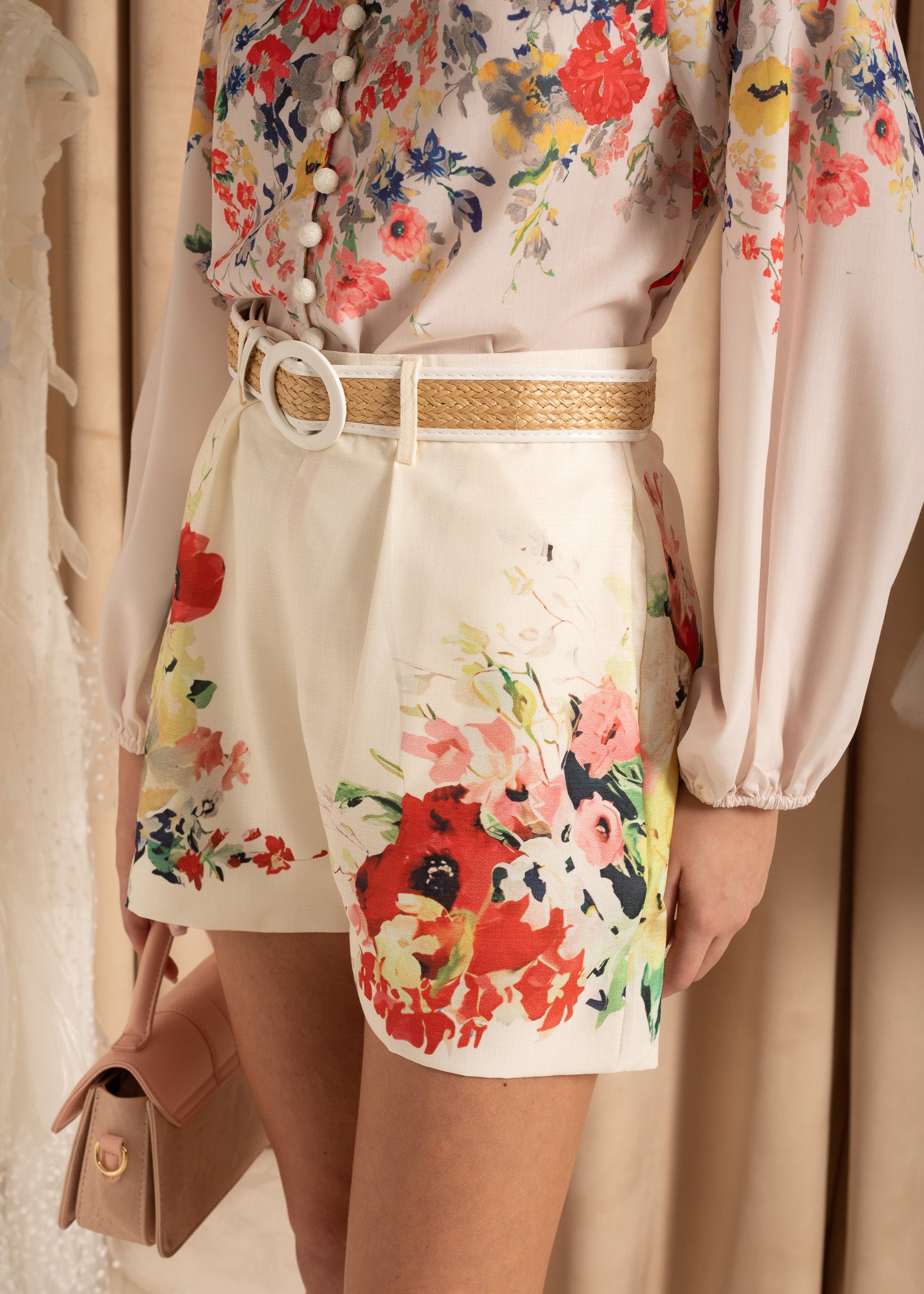 Floral Ensemble With Long Sleeves Shirt And Matching High-Waisted Shorts - White