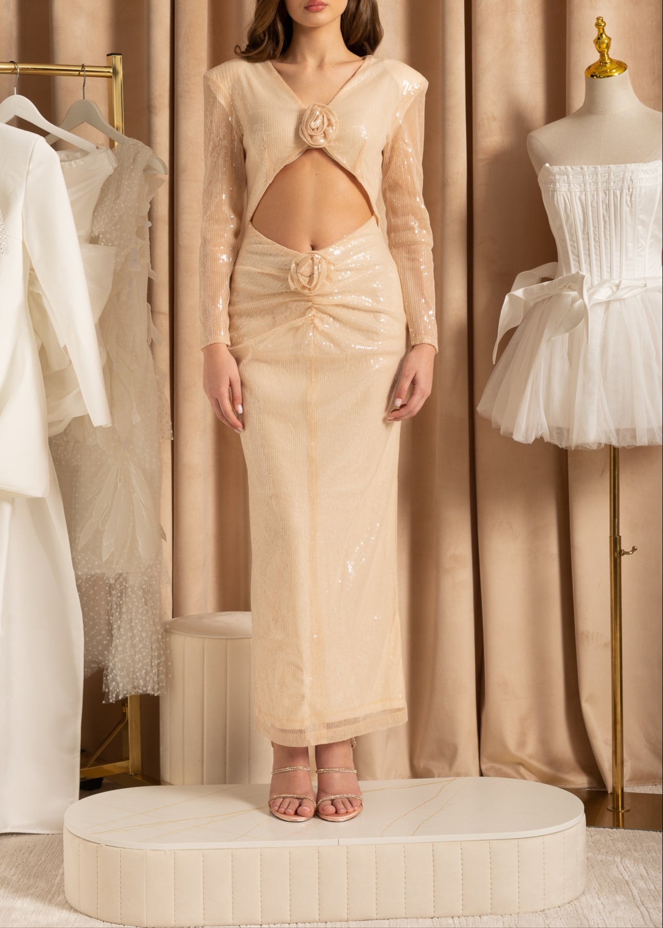 Sequin Midi Dress With Front Cutouts And 3D Roses - Beige