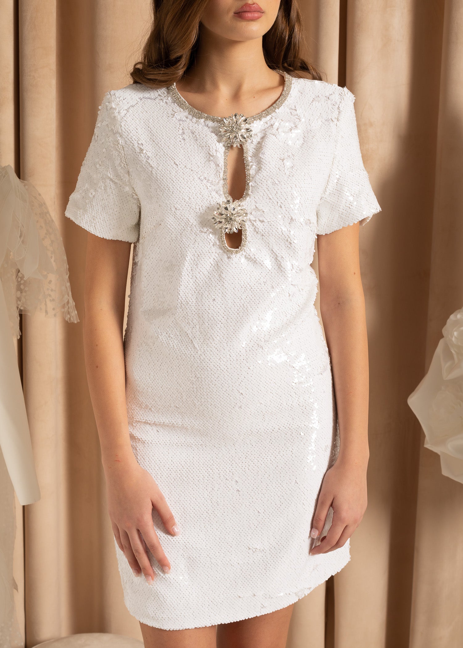 Short Sleeves Sequin Textured Mini Dress With Sparkling Neckline  - White