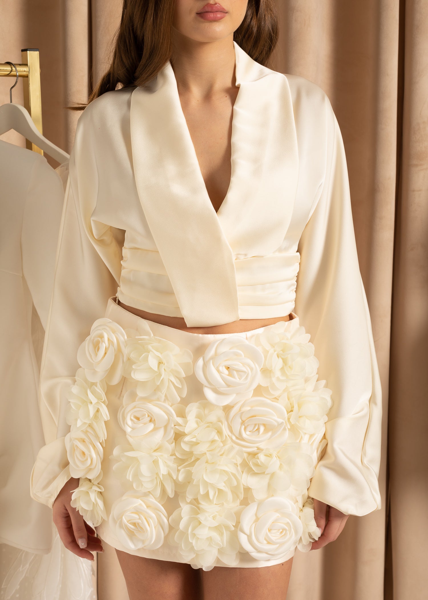 Coordinated Two Piece Satin Ensemble With Floral Skirt - Ivoire
