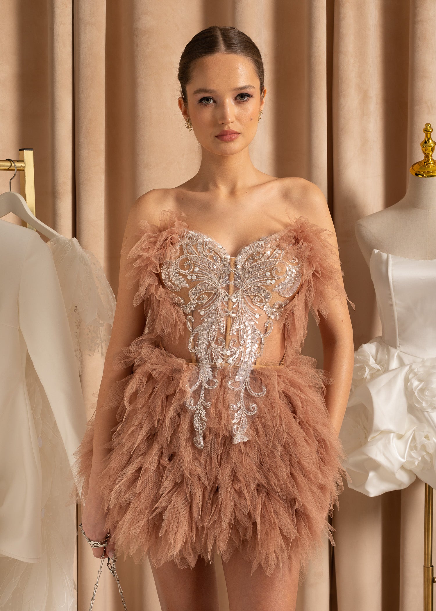 Elegant Feathered Co-Ord With Silver Sequin Motif - Beige