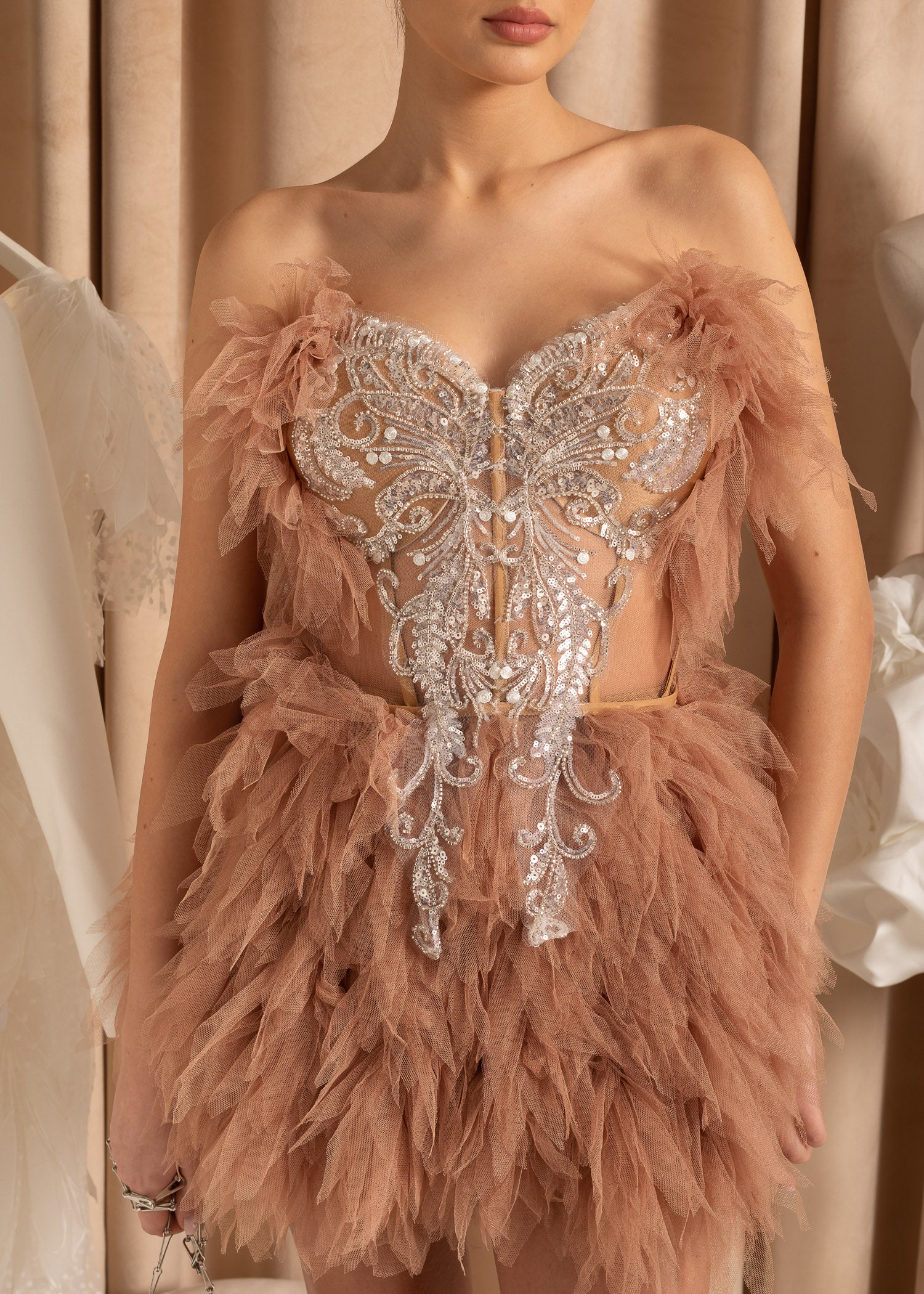Elegant Feathered Co-Ord With Silver Sequin Motif - Beige