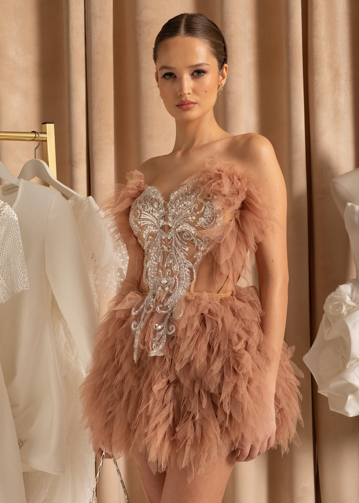 Elegant Feathered Co-Ord With Silver Sequin Motif - Beige