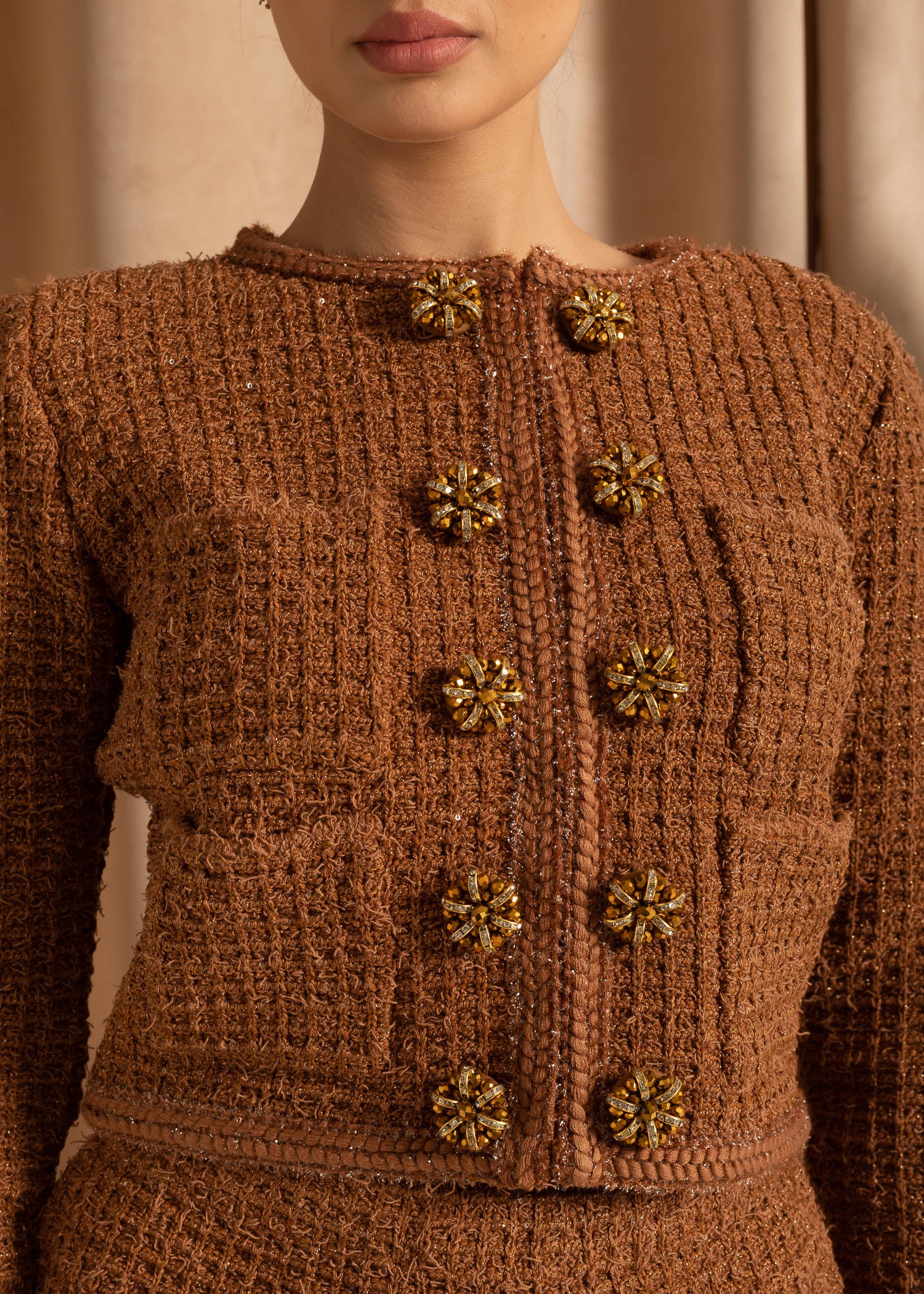 Knitted Two Piece Ensemble With Tweed Jacket and Skirt Set - Brown