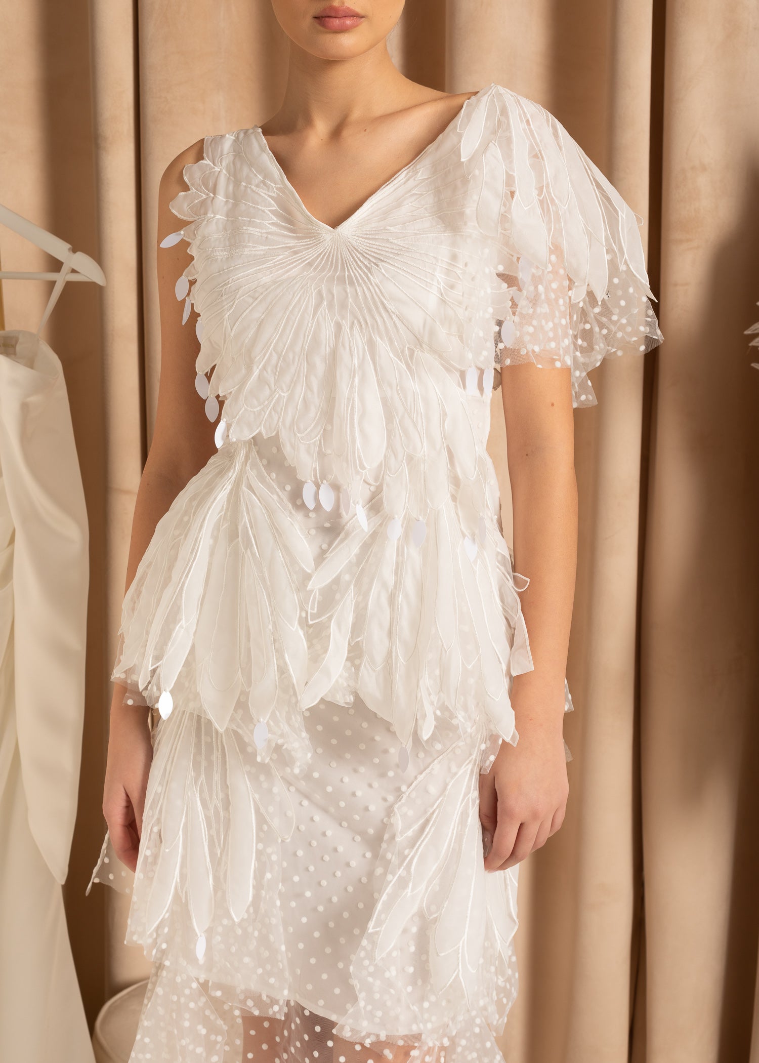 Layered Dress With Midi Tulle Skirt And Polka Dot Pattern - White