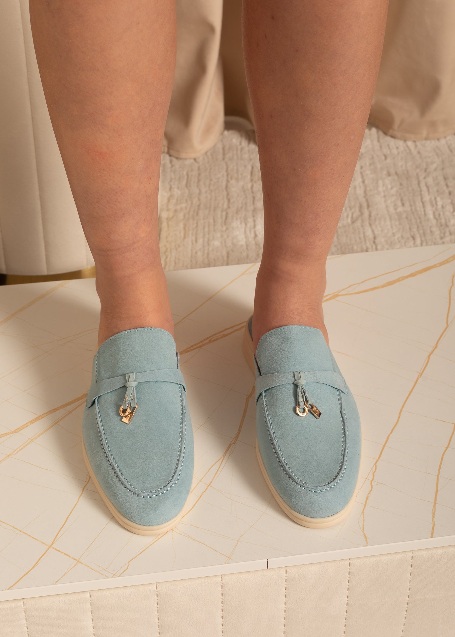 Suede Loafers With Metallic Embellishments - Blue
