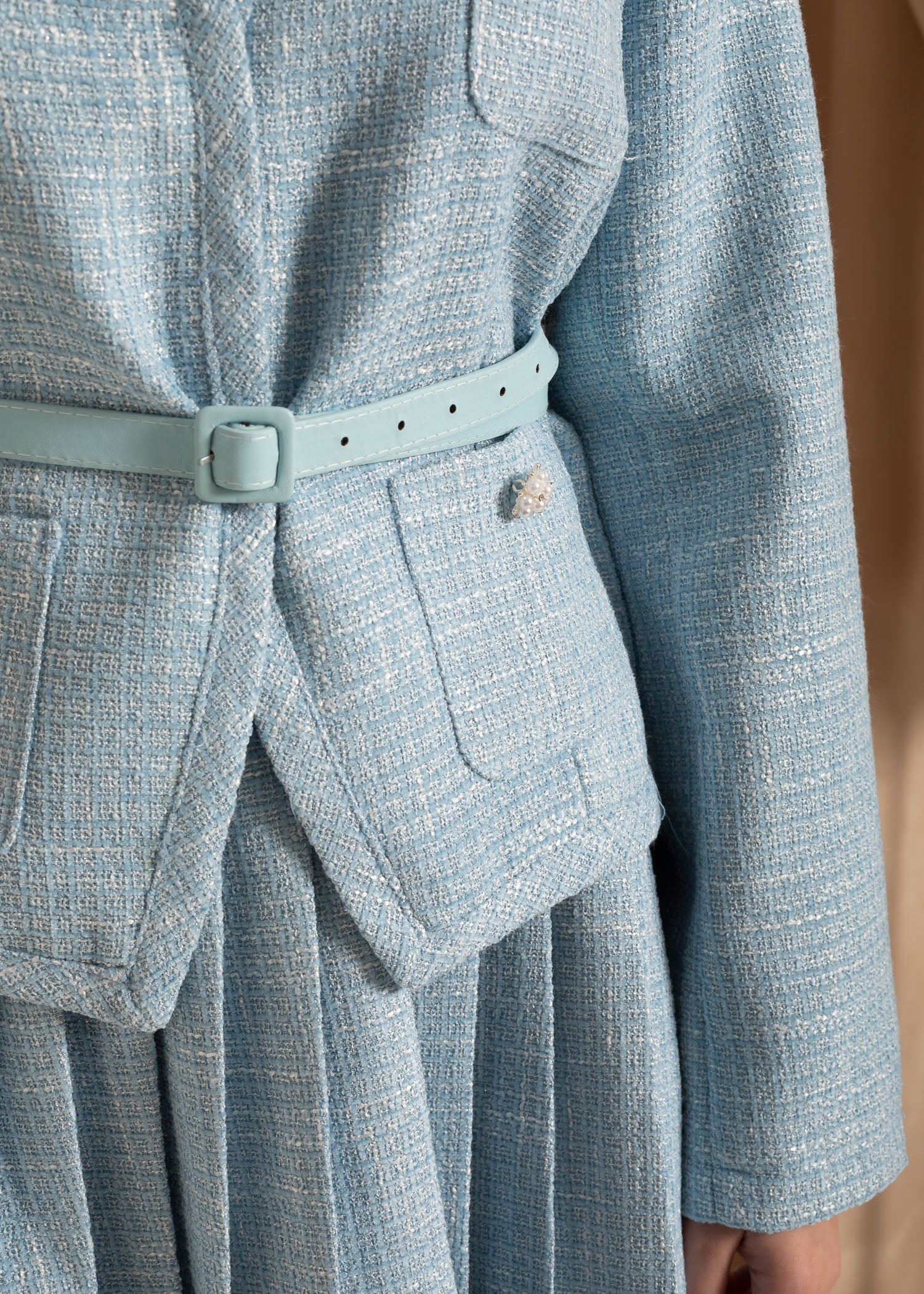 Elegant Knitted Two Piece Co-Ord With Pleated Mini Skirt - Blue