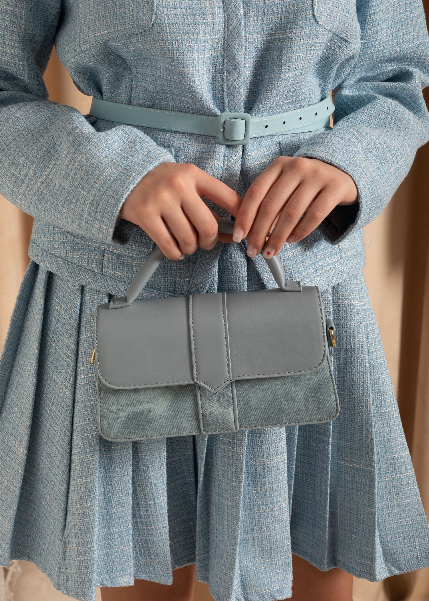 Bicolor Handbag With Contrasting Textures - Blue