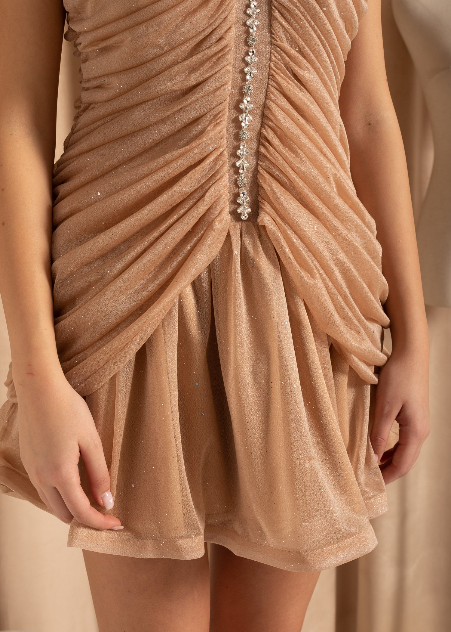 Mini Pleated Tulle Dress with Silver Accents - Beige