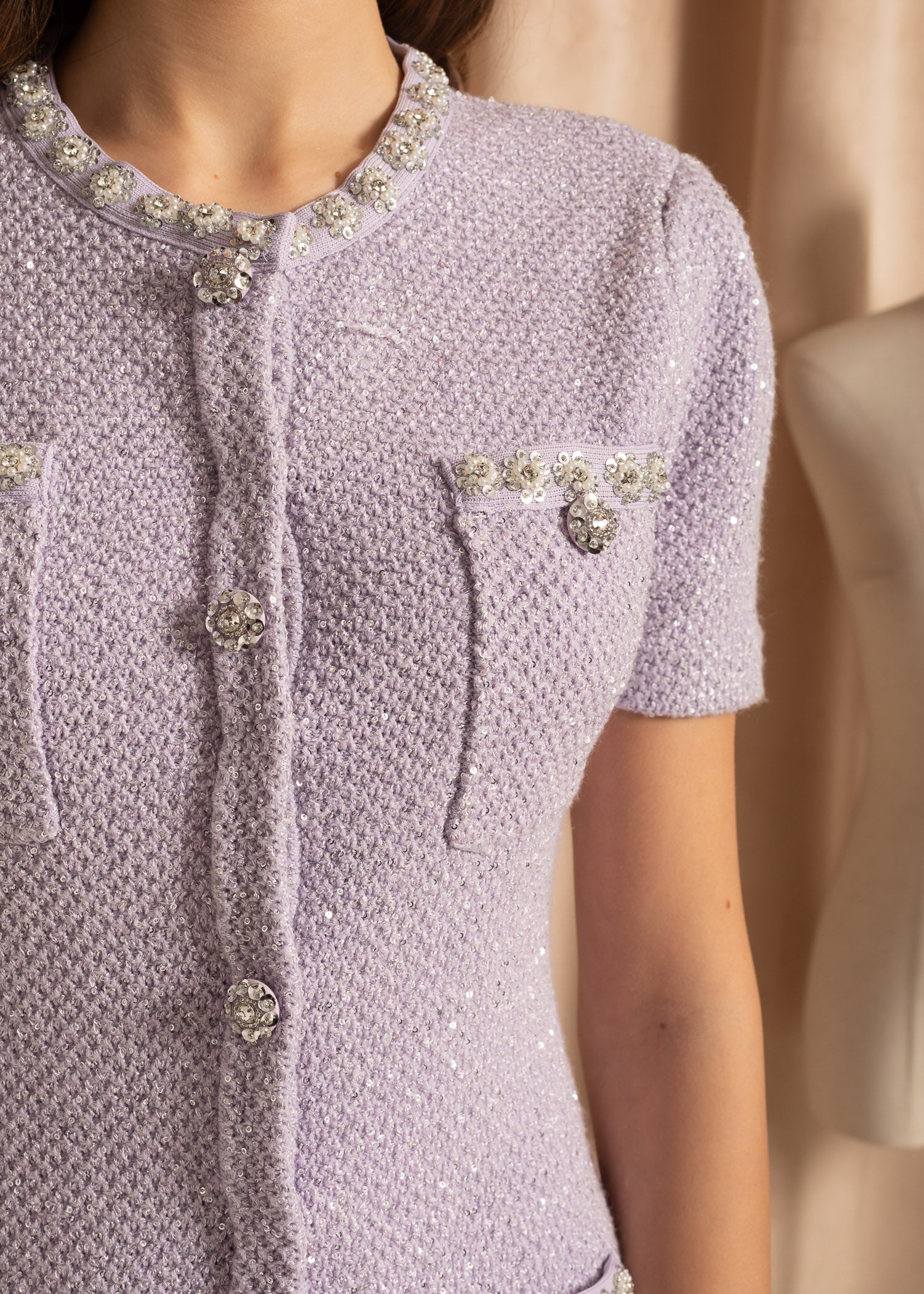 Textured Mini Dress With Silver Floral Detailing - Purple