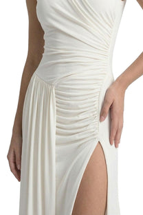 Laureline Sleeveless Ruched Gown With Diagonal Drape And High Side Slit - White