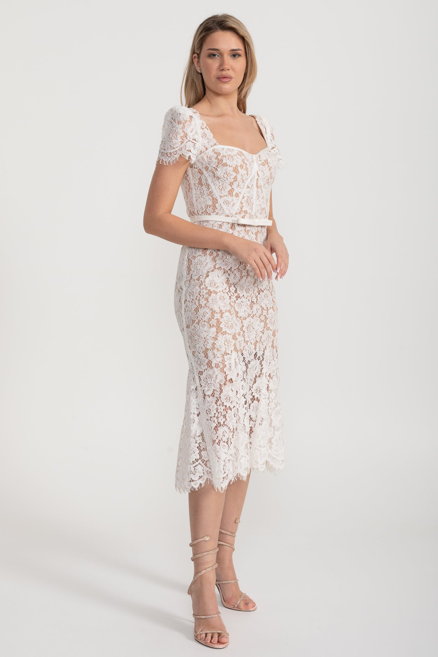 Lace Midi Dress with Sweetheart Neckline and Short Sleeves - White