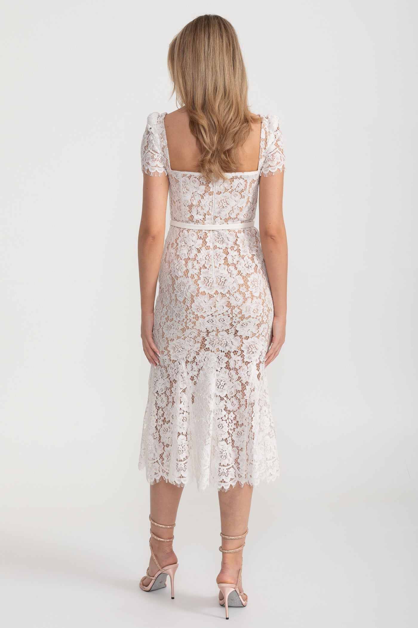 Lace Midi Dress with Sweetheart Neckline and Short Sleeves - White