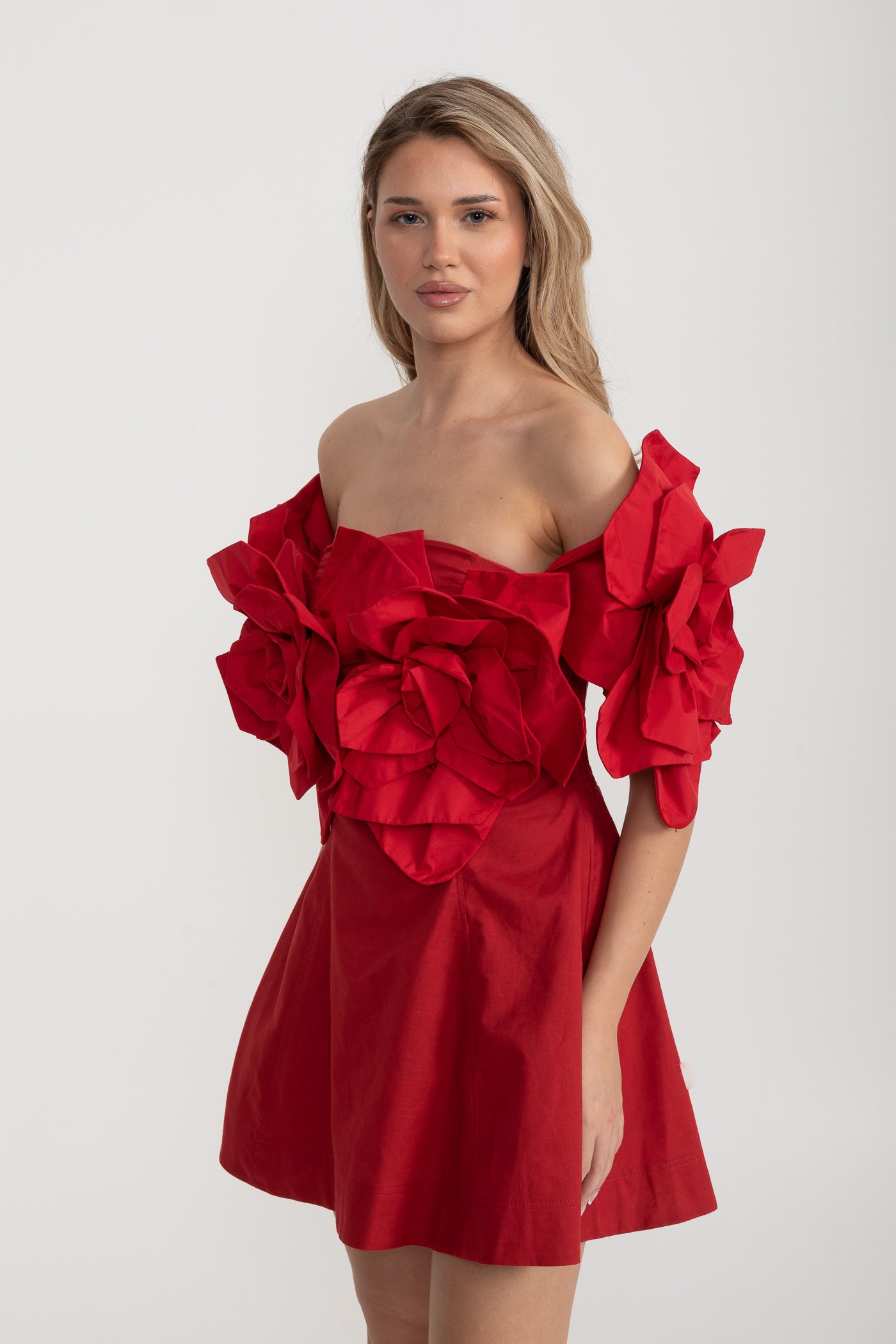 Off-Shoulder Mini Dress with Oversized Floral Appliqués - Red
