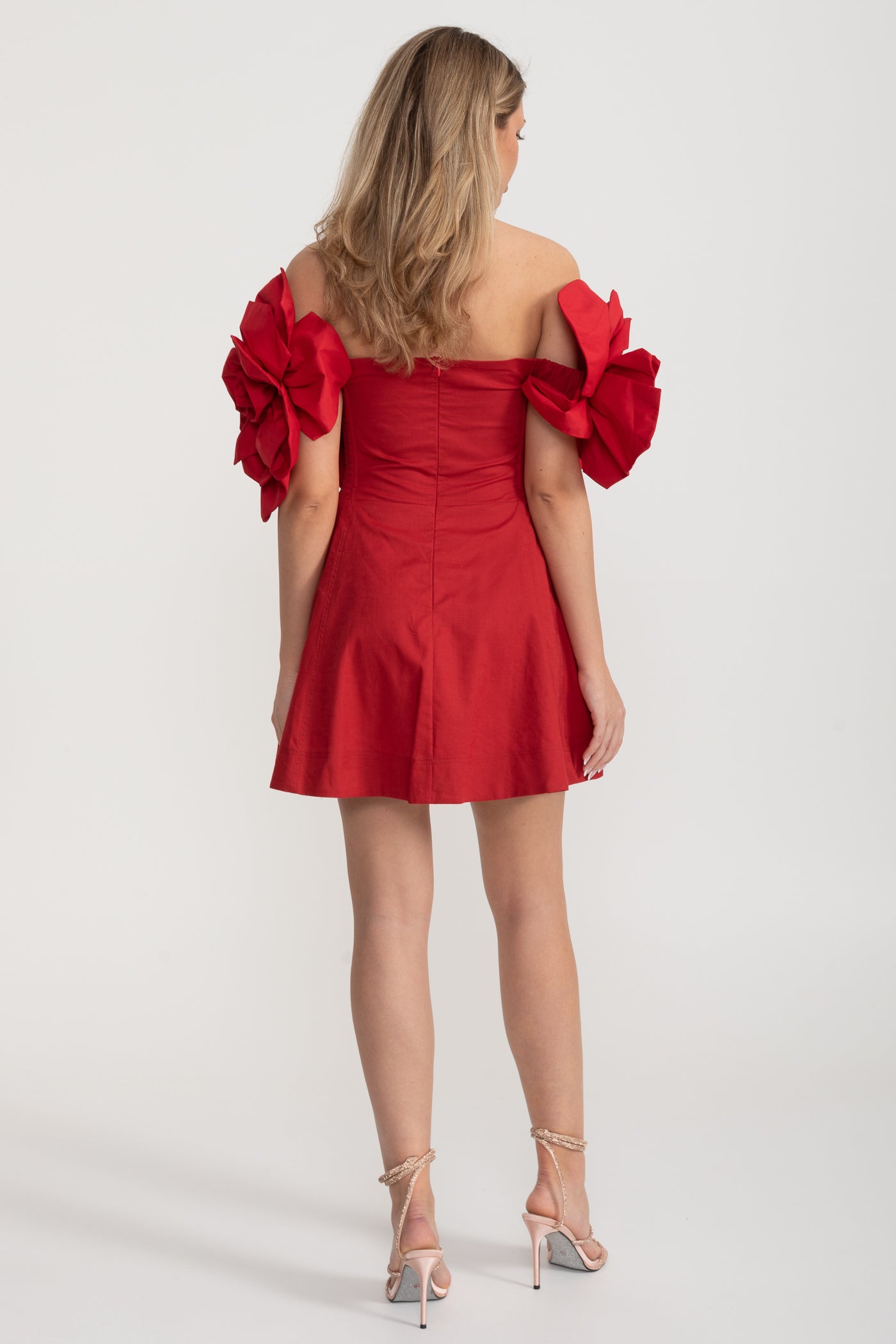 Off-Shoulder Mini Dress with Oversized Floral Appliqués - Red