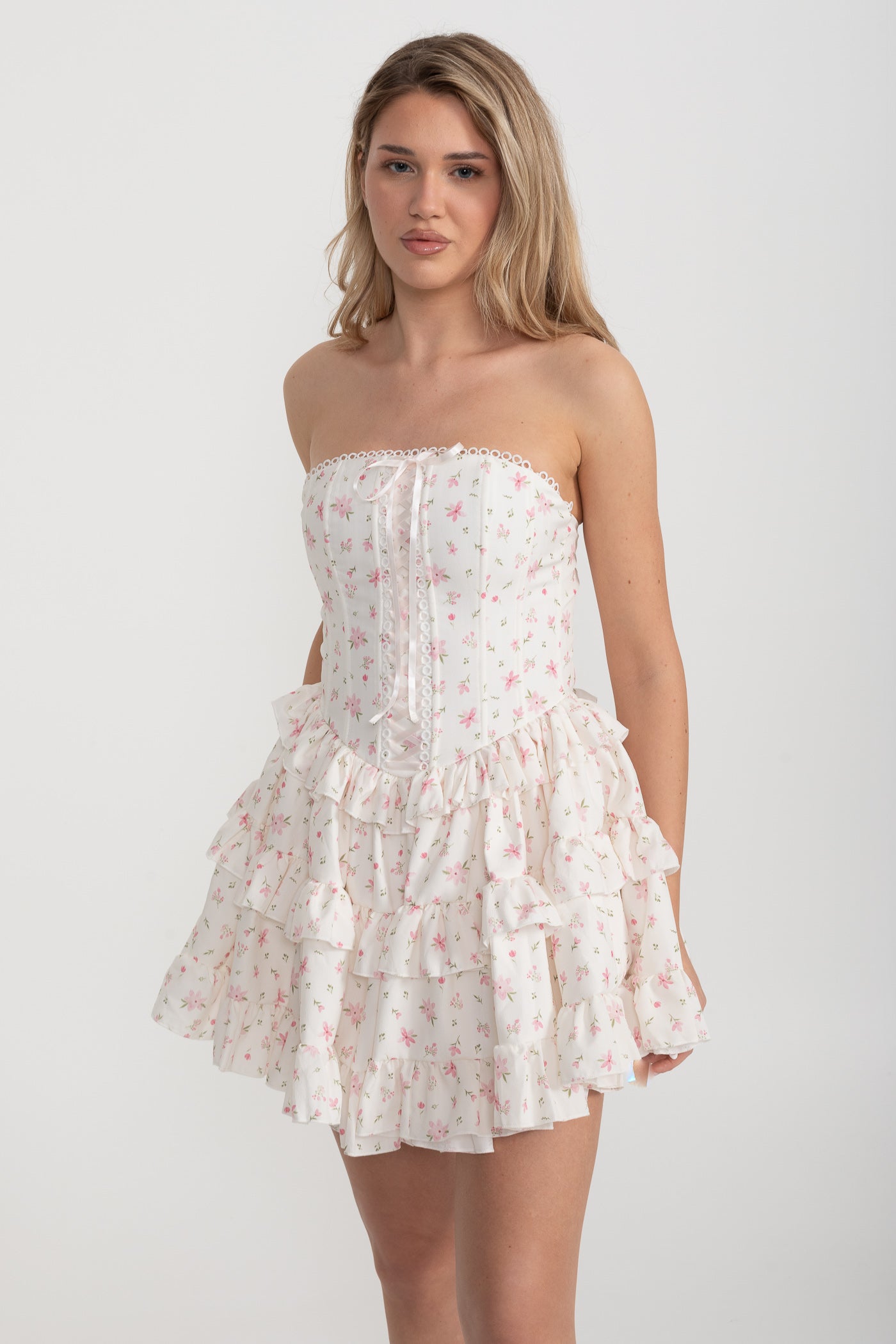 Strapless Ruffled Mini Dress with Floral Print - White/Pink