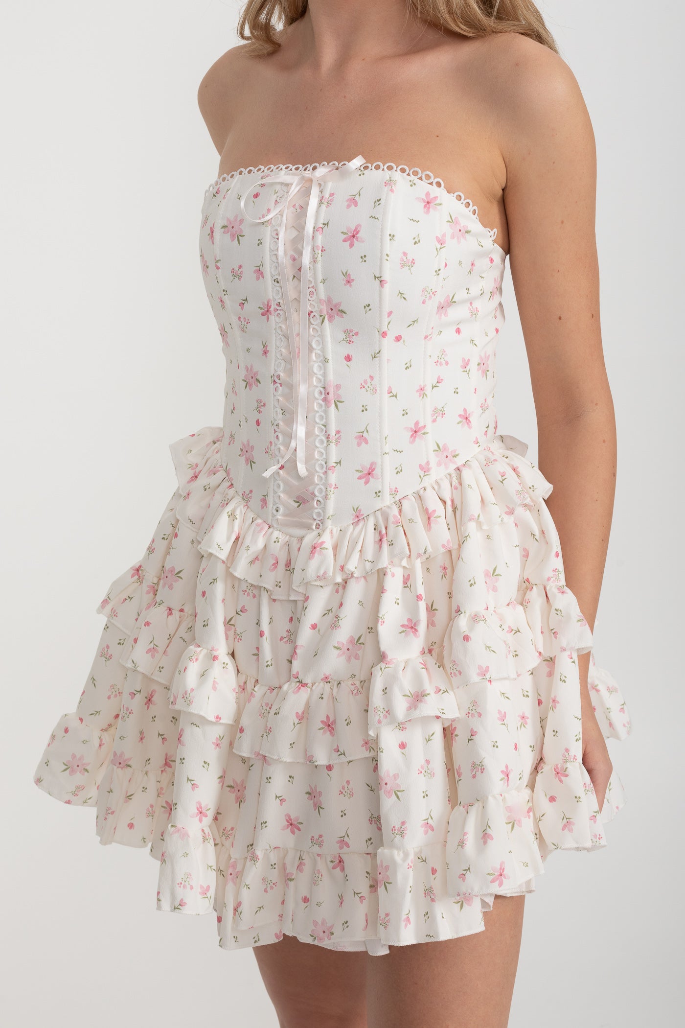Strapless Ruffled Mini Dress with Floral Print - White/Pink